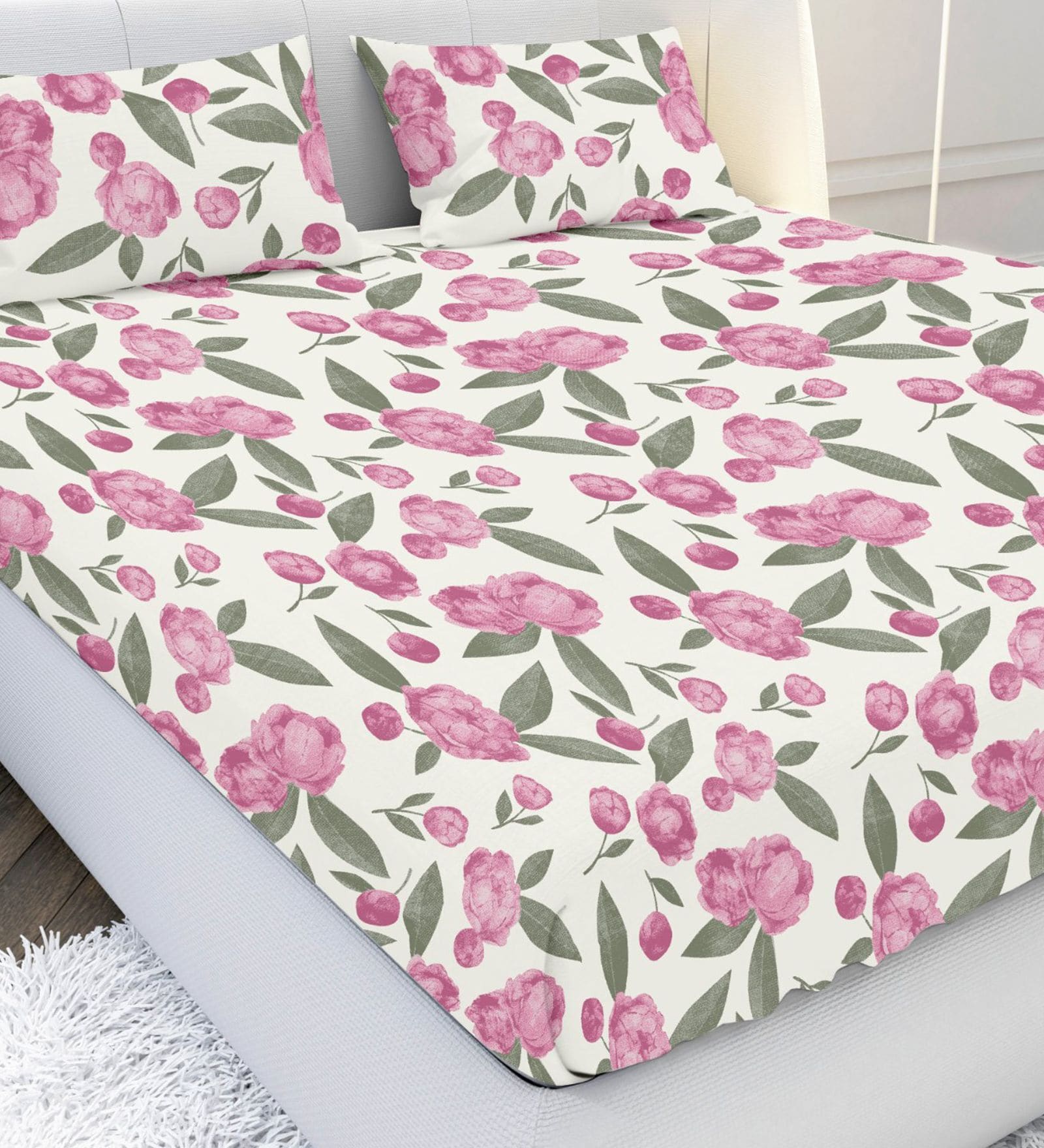 Pink Floral 144 TC Cotton Super King Bedsheet with 2 Pillow Covers