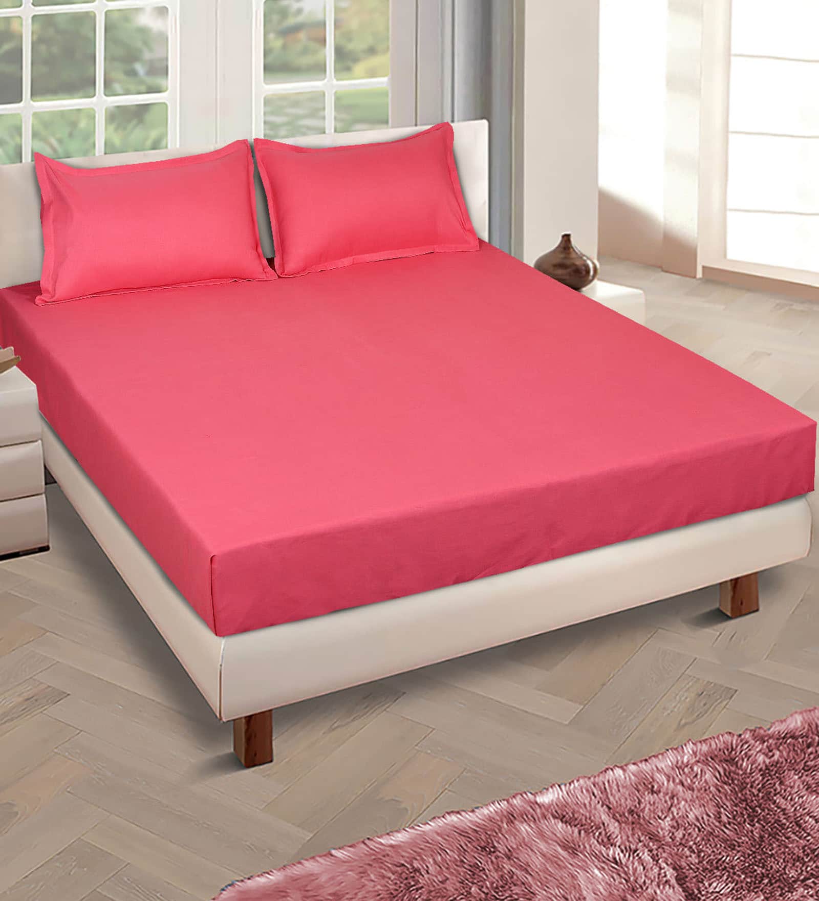 Pink Solid 150 TC Glace Cotton Queen Sized Double Bedsheet with 2 Pillow Covers