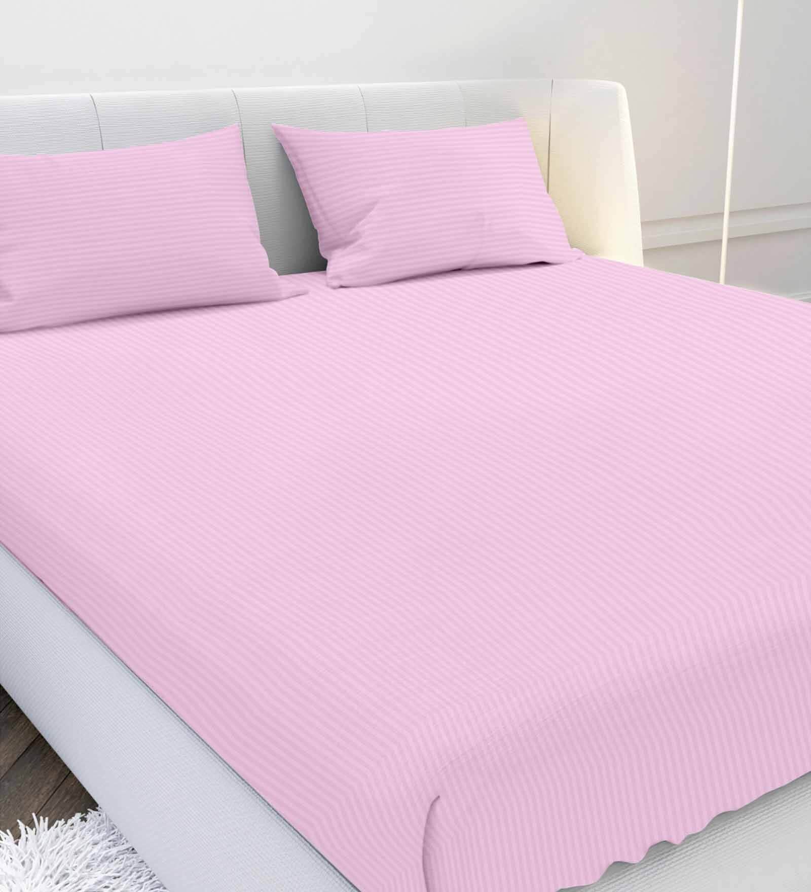 Pink Solid 210 TC Cotton Queen Sized Double Bedsheet with 2 Pillow Covers Satin Stripe 2024 Collection