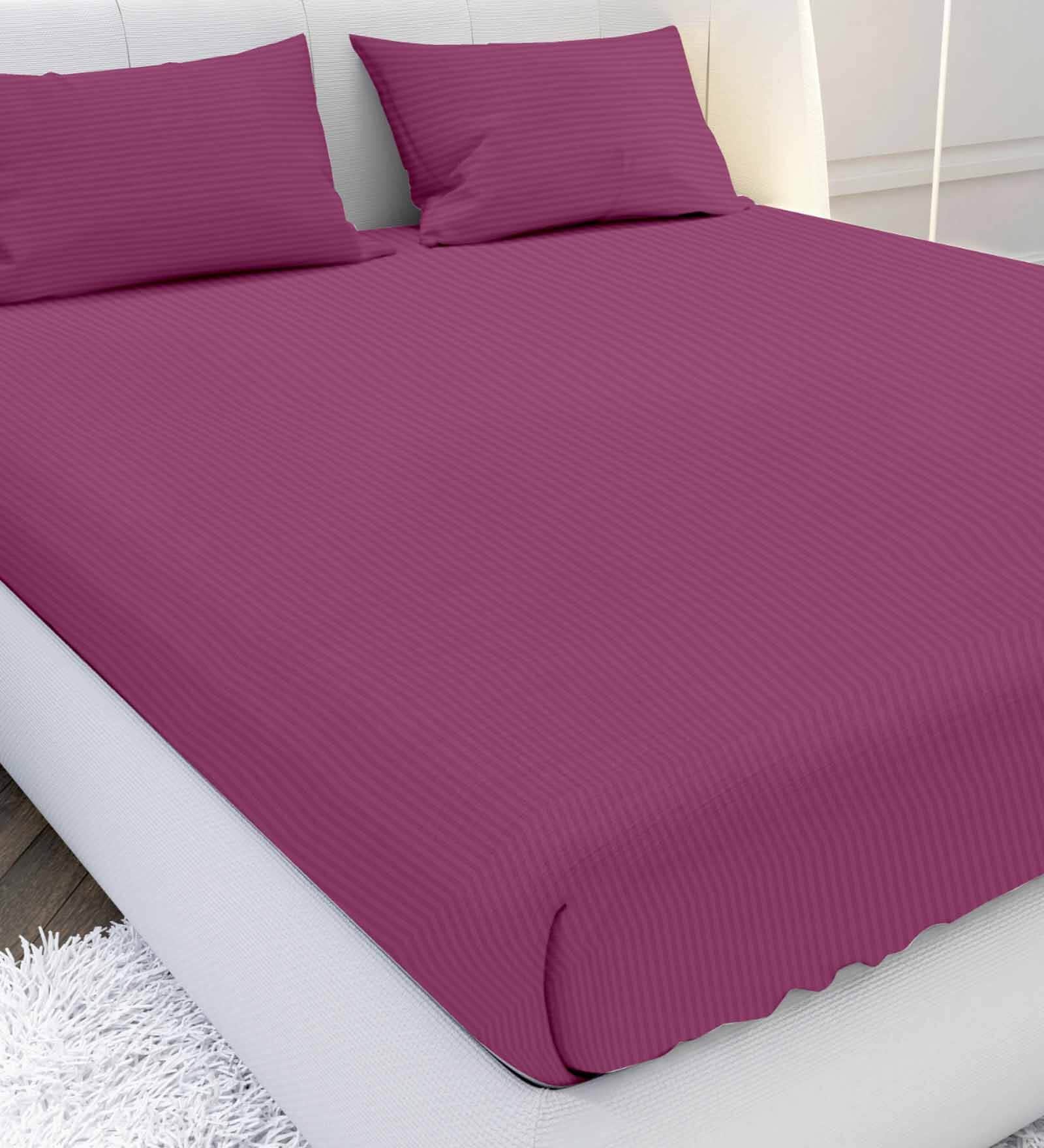 Pink Solid 210 TC Cotton Queen Sized Double Bedsheet with 2 Pillow Covers Satin Stripe 2024 Collection