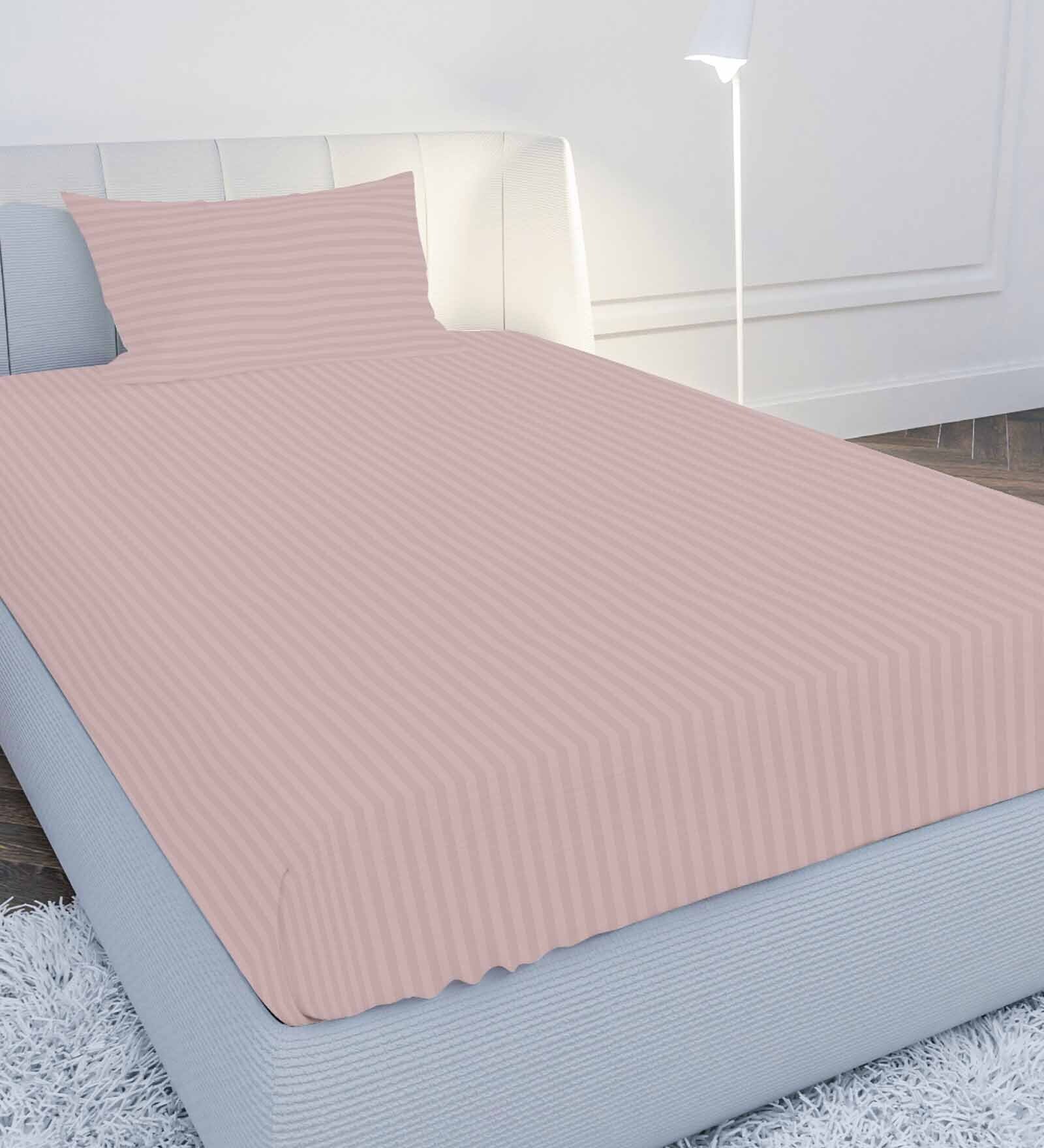 Pink Solid 210 TC Cotton Single Sized Bedsheet with 1 Pillow Cover Satin Stripe 2024 Collection