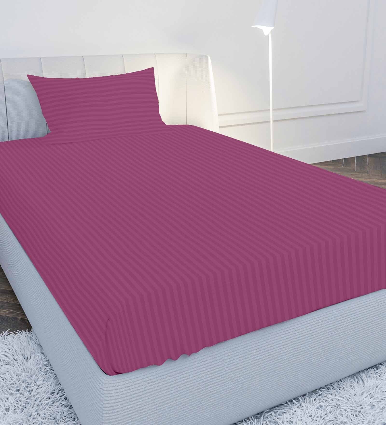 Pink Solid 210 TC Cotton Single Sized Bedsheet with 1 Pillow Cover Satin Stripe 2024 Collection
