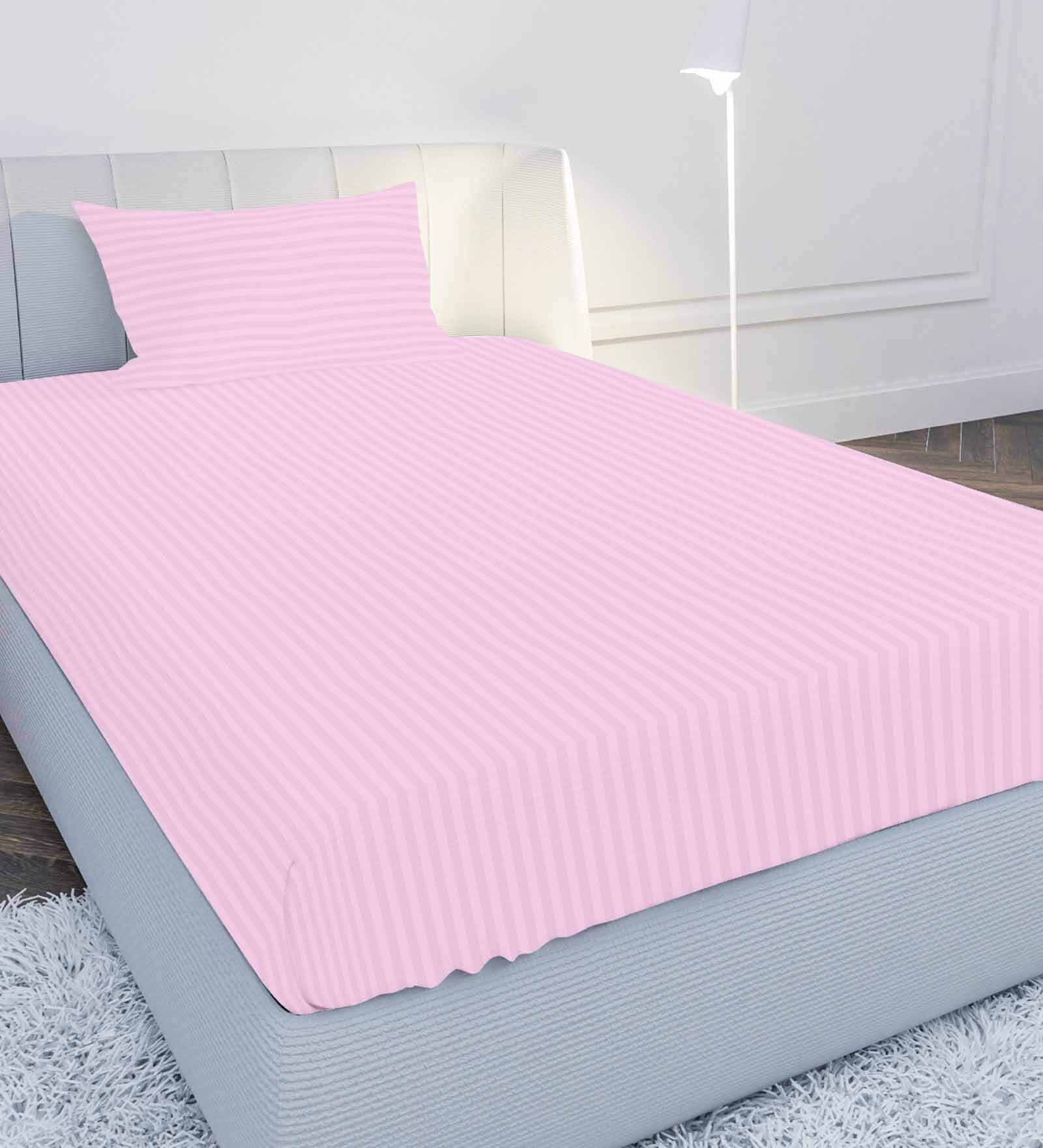 Pink Solid 210 TC Cotton Single Sized Bedsheet with 1 Pillow Cover Satin Stripe 2024 Collection