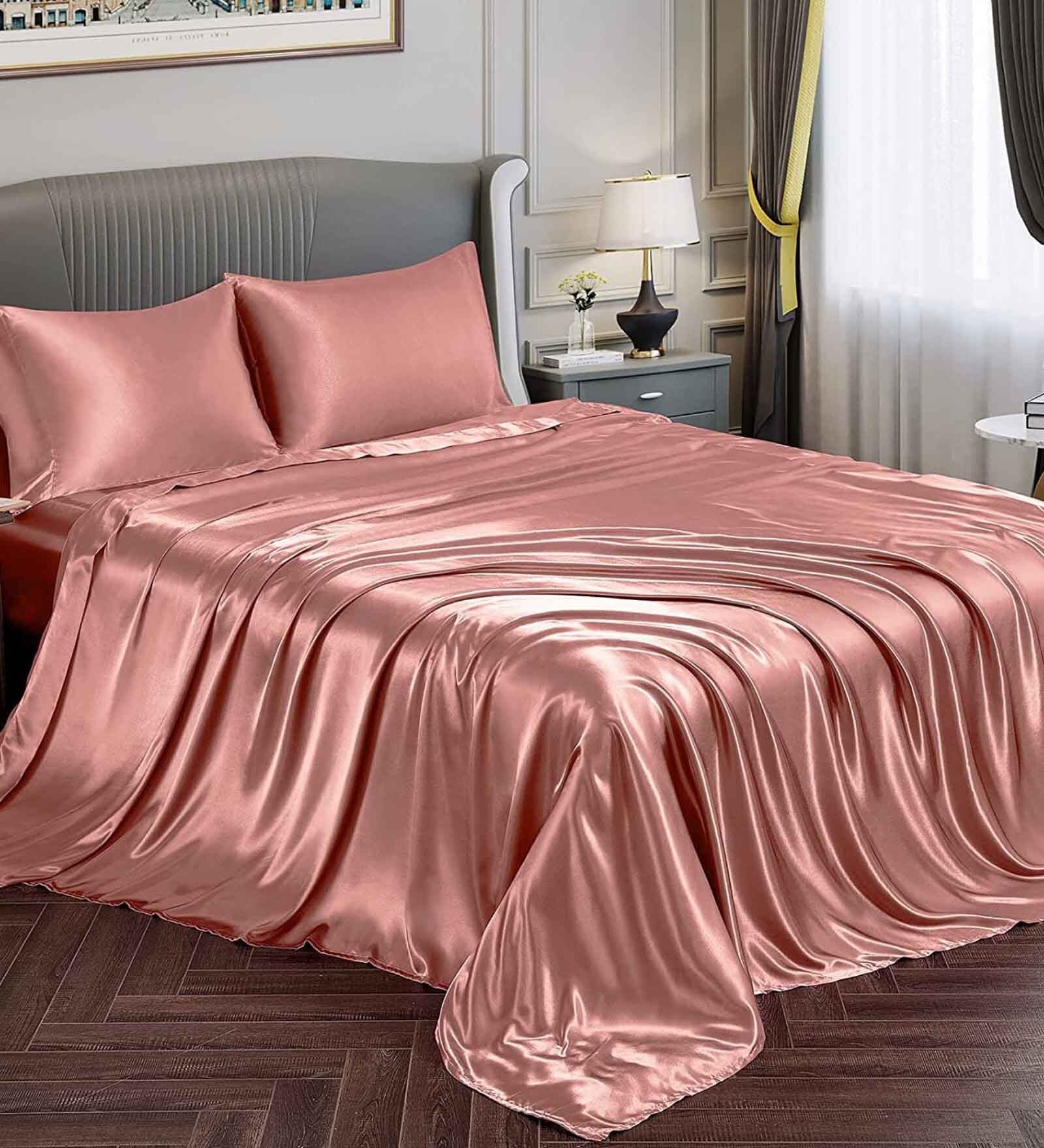 Pink Solid 400 TC Satin King Fitted Bedsheet with 2 Satin Pillow covers