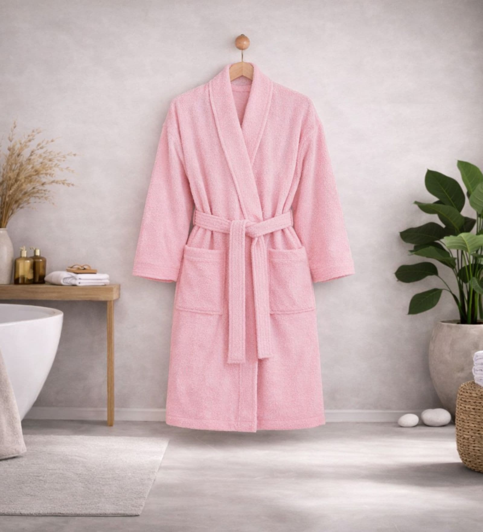 Pink Solid Cotton Men Bath Robe With Belt (L)