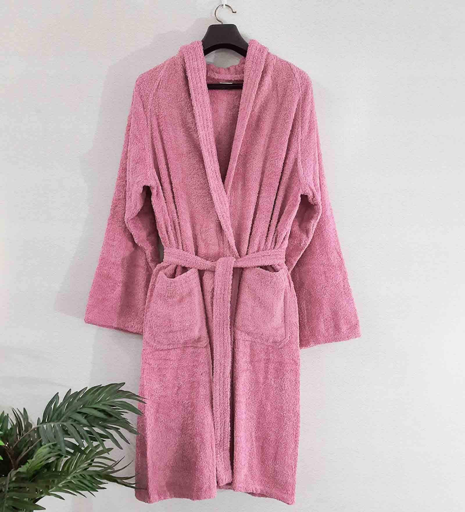 Pink Solid Cotton Unisex Bath Robe (L)