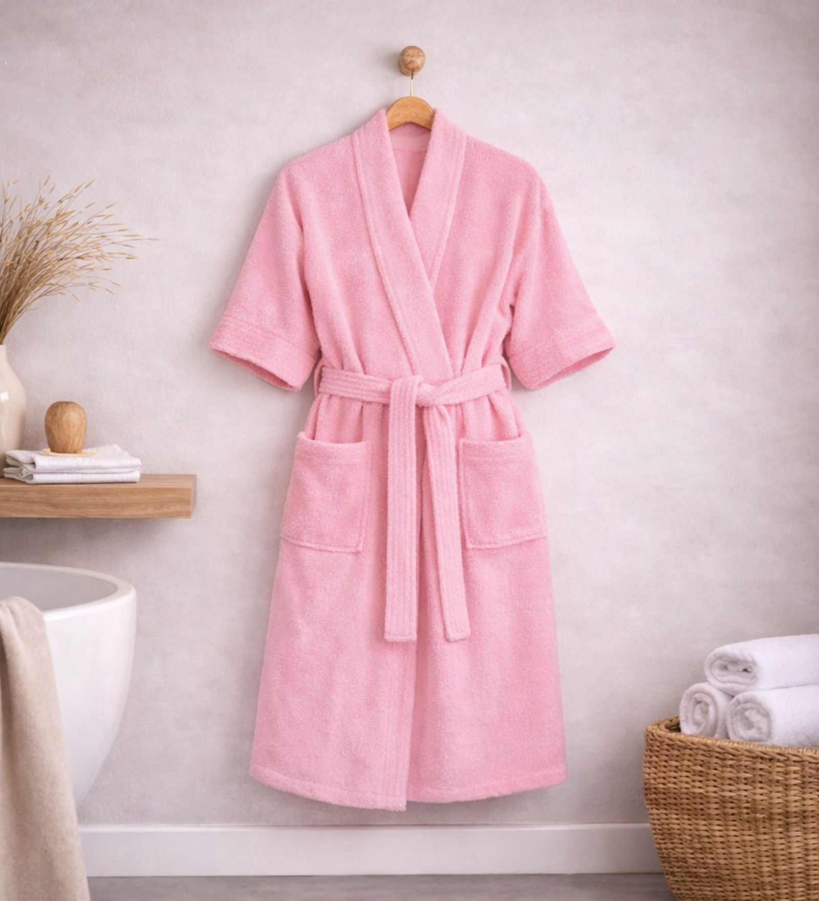 Pink Solid Cotton Women Bath Robe With Belt (S)