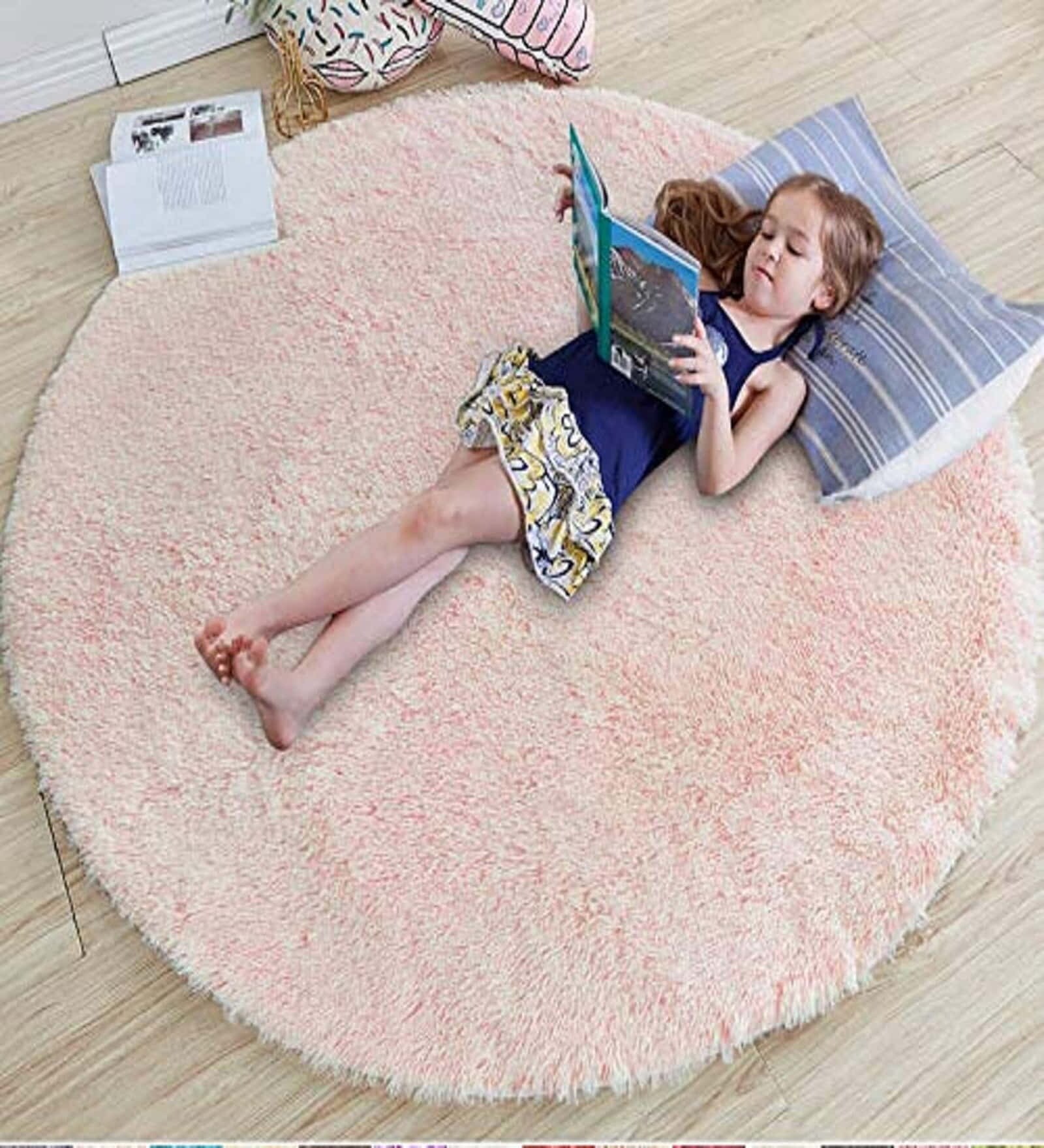 Pink Solid Polyester 6X6 Feet Machine Made Shaggy Round Carpet