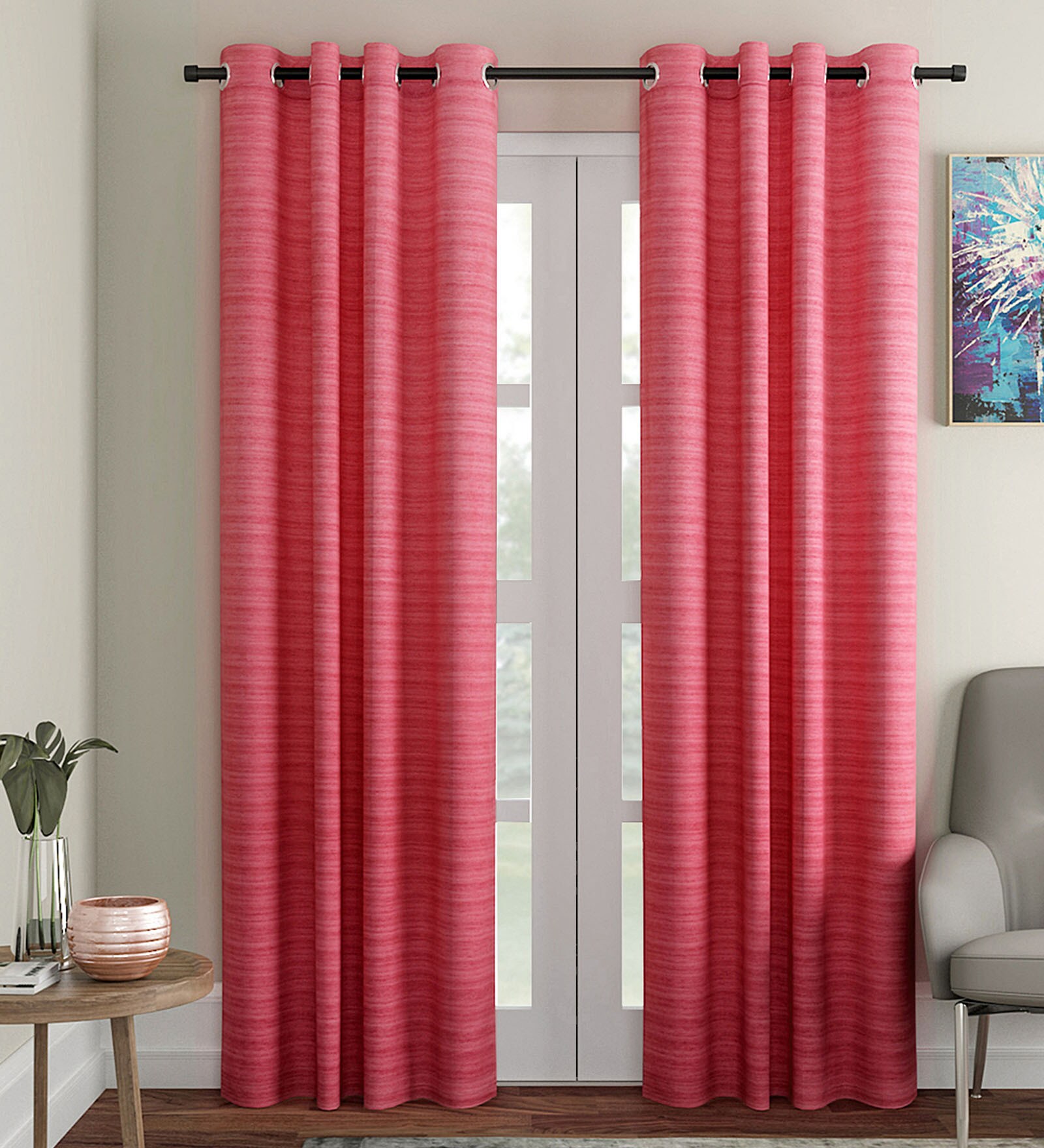 Pink Striped Faux Silk 7 Ft Light Filtering Eyelet Door Curtain