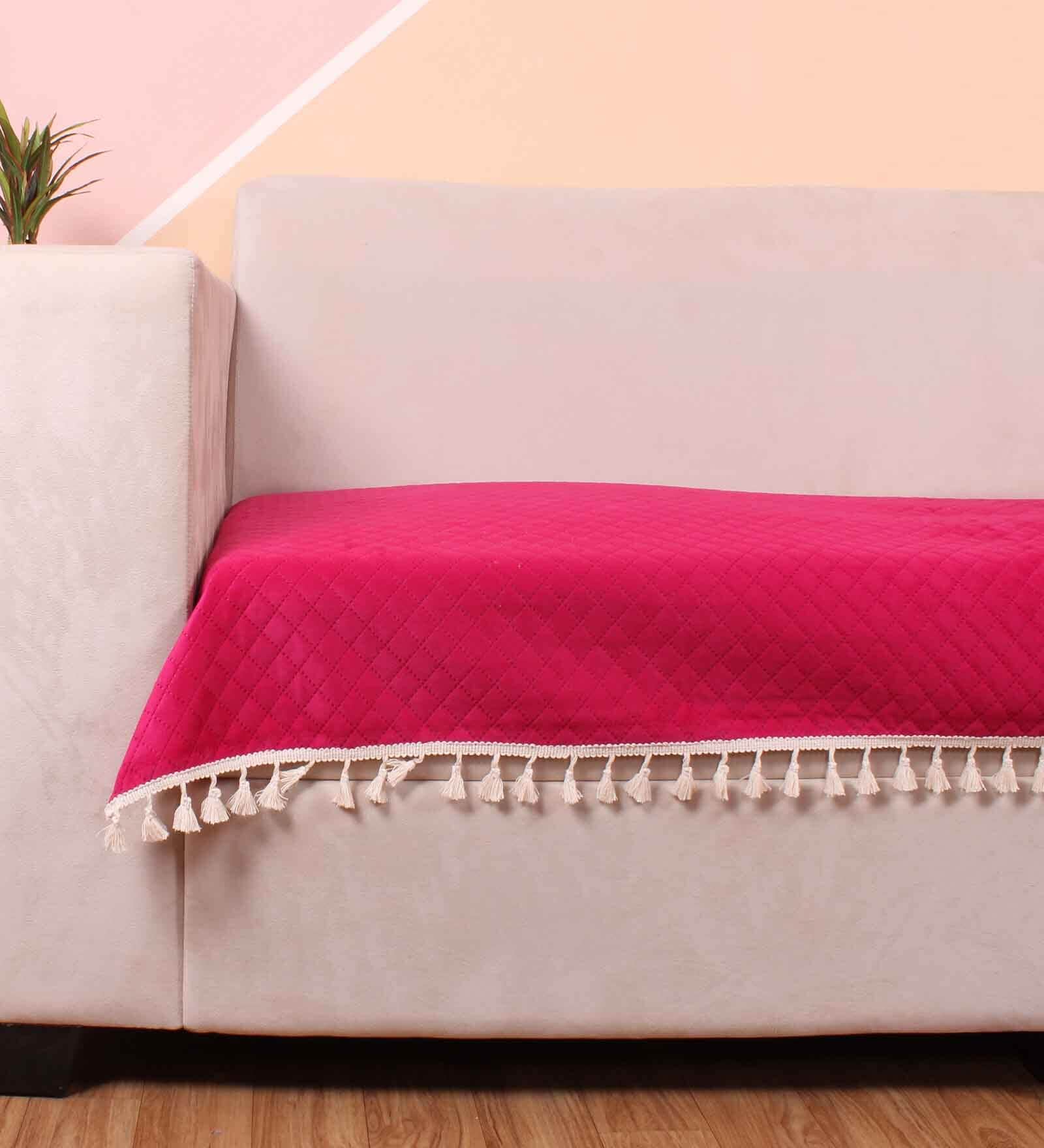 Pink Solid Velvet 1 Seater Quilted Sofa Cover (Protector) with Tassel