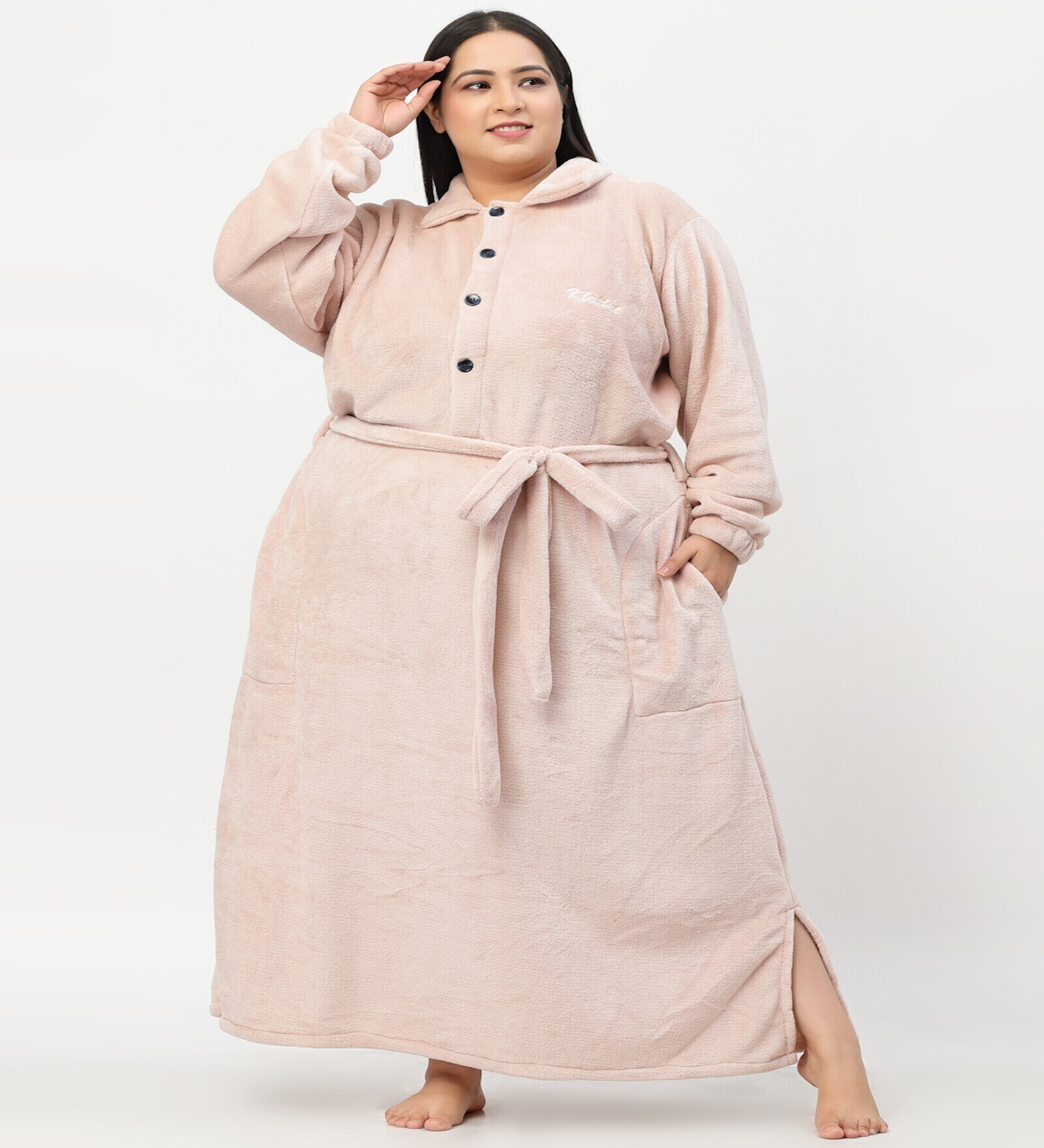 Pink Solid Woolen Women Bath Robe With Belt (3XL)