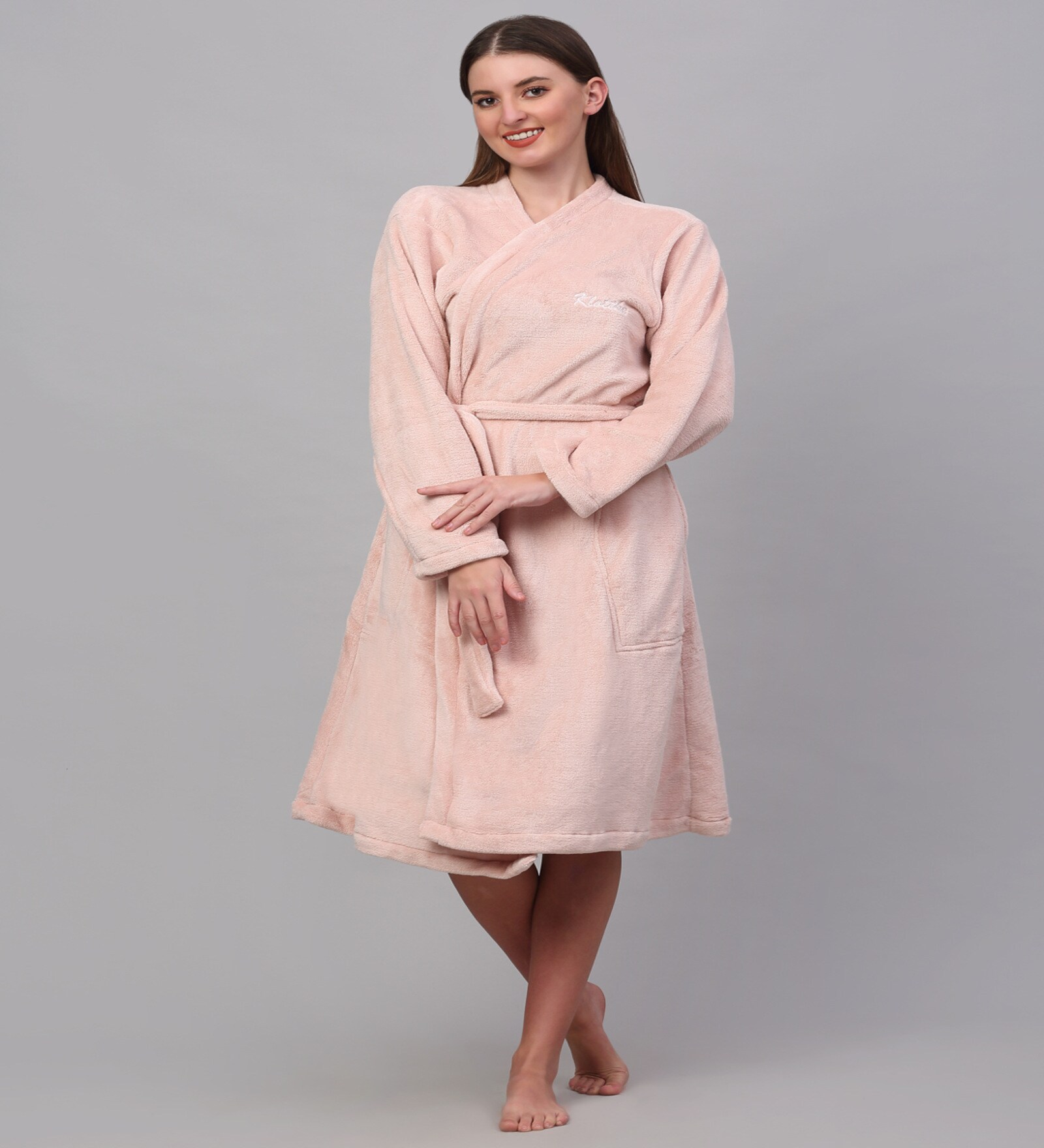 Pink Solid Woolen Women Bath Robe With Belt (S)