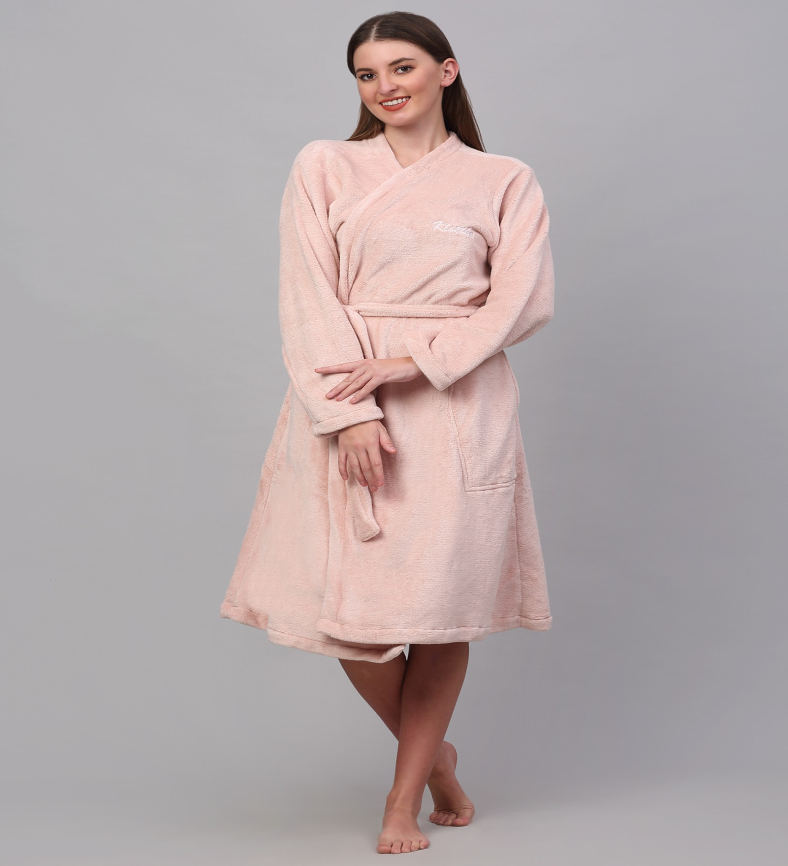 Pink Solid Woolen Women Bath Robe With Belt (XL)