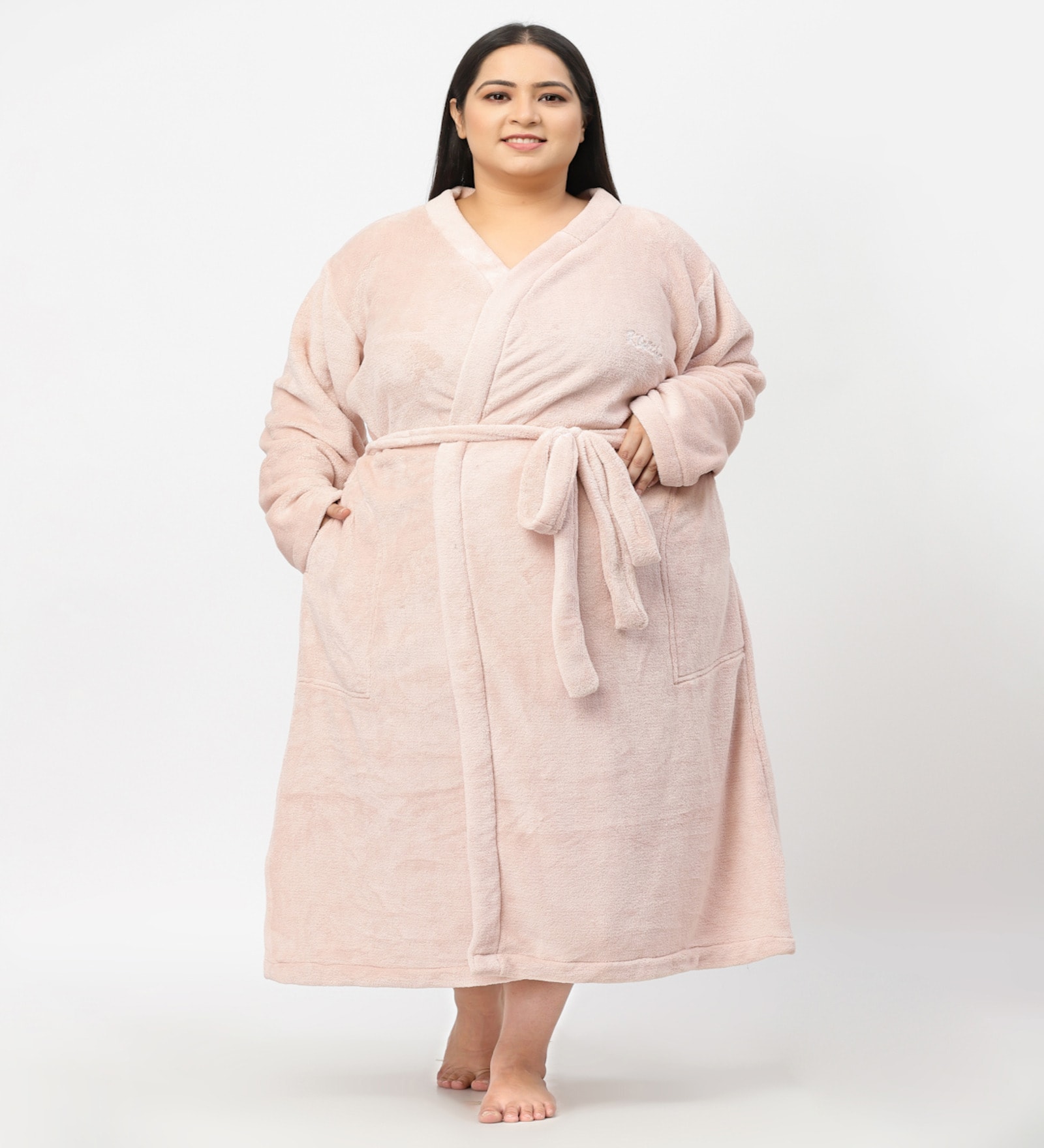 Pink Solid Woolen Women Bath Robe With Belt (XXL)