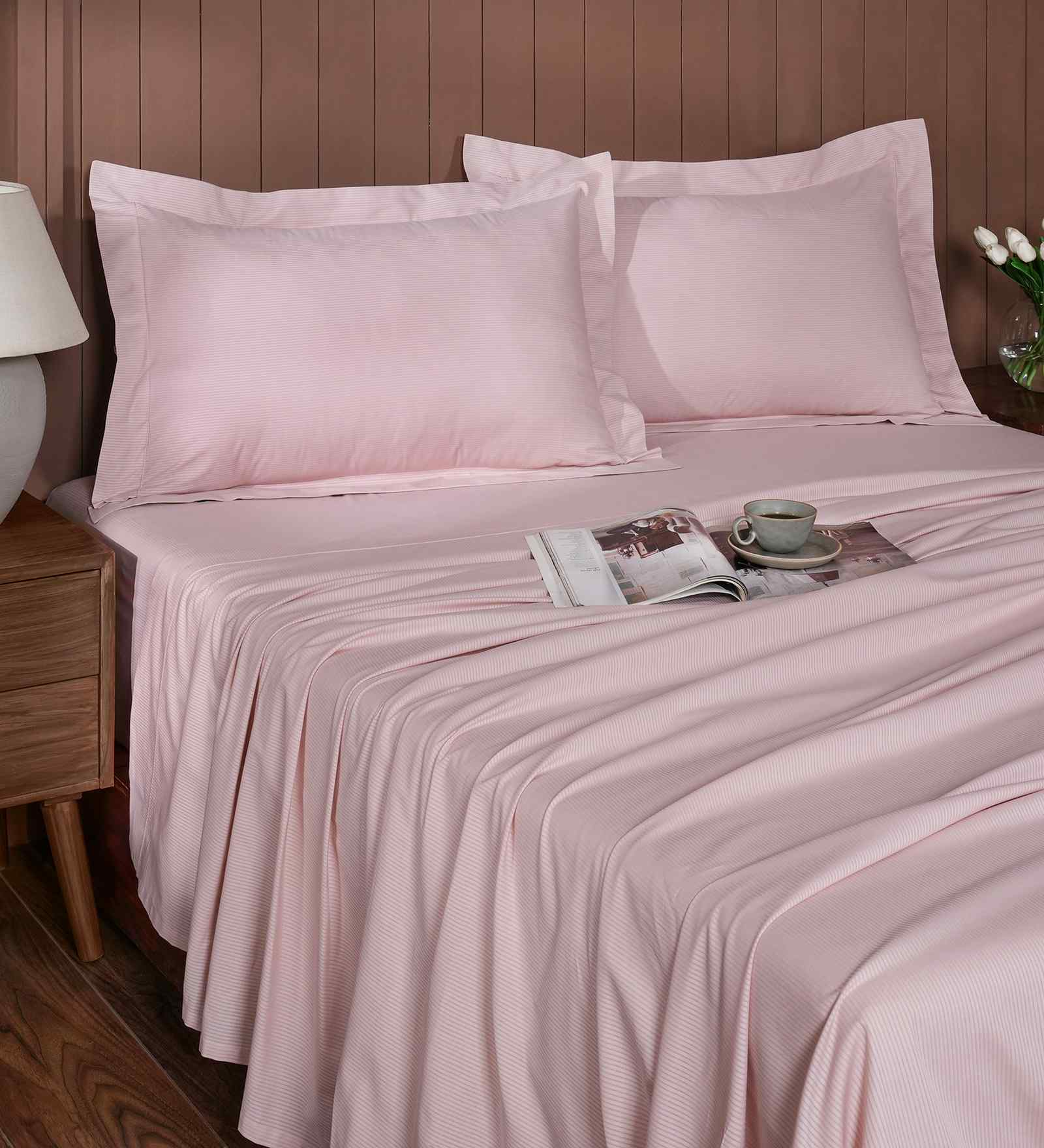 Pink Stripe 200 TC Cotton King Size Bed Sheet with 2 Pillow Covers 24 Collection Pink Stripe 200 TC Cotton King Size Bed Sheet with 2 Pillow Covers 24 Collection