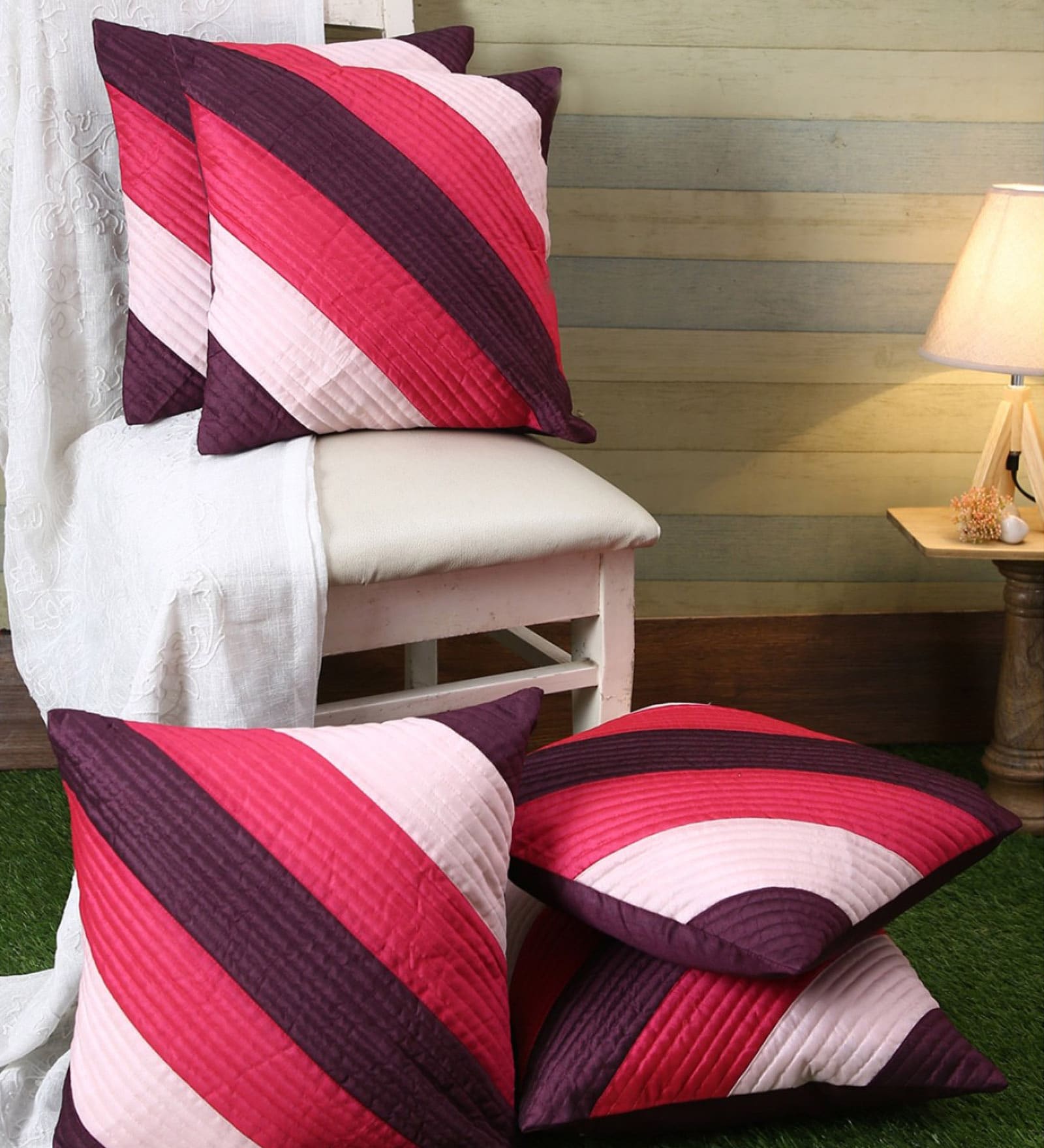 Multicolour Polyester Striped 16x16 inches Cushion Cover (5Pc)