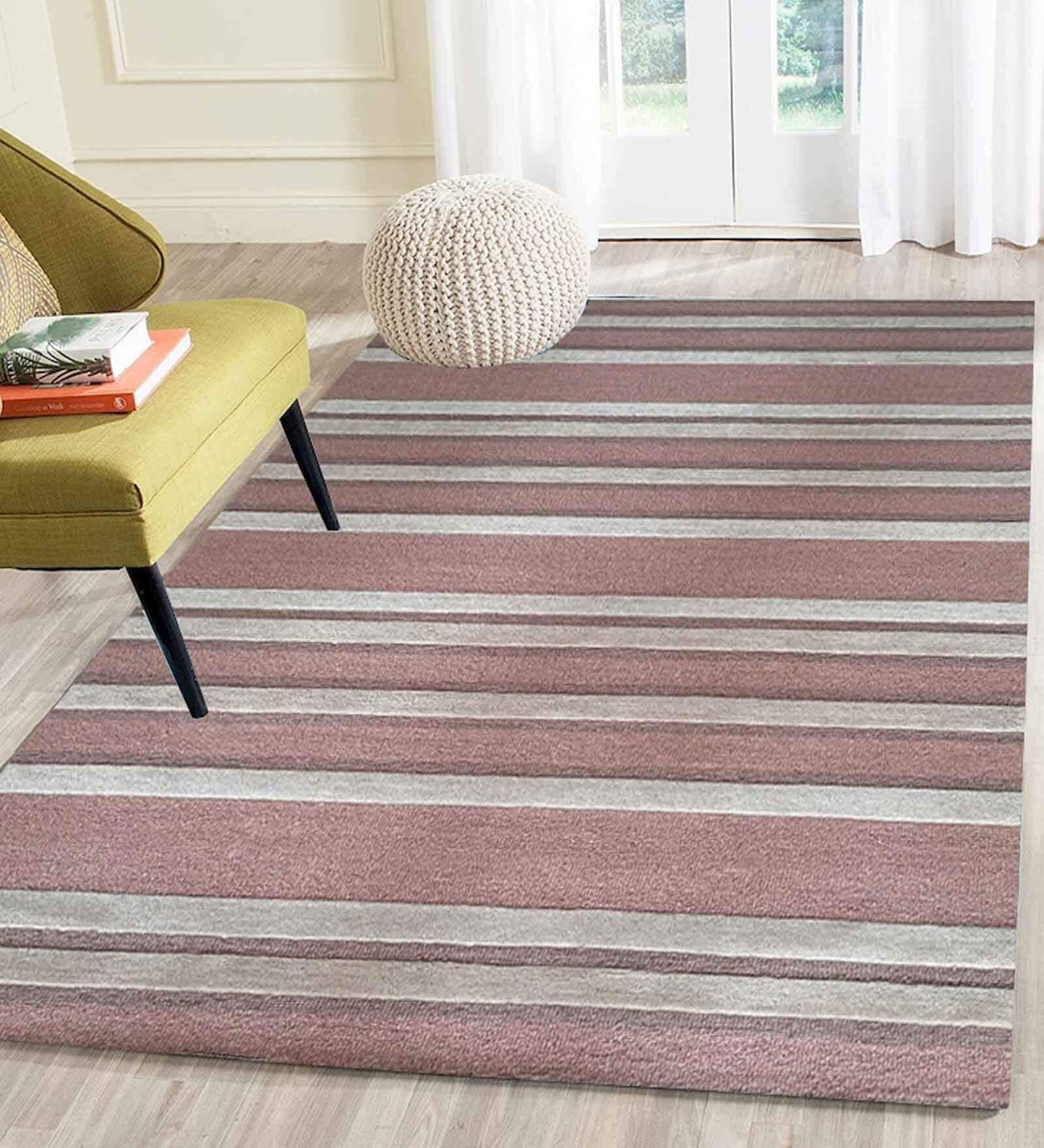 Pink Stripes Wool 5 ft x 7 ft Hand Tufted Carpet