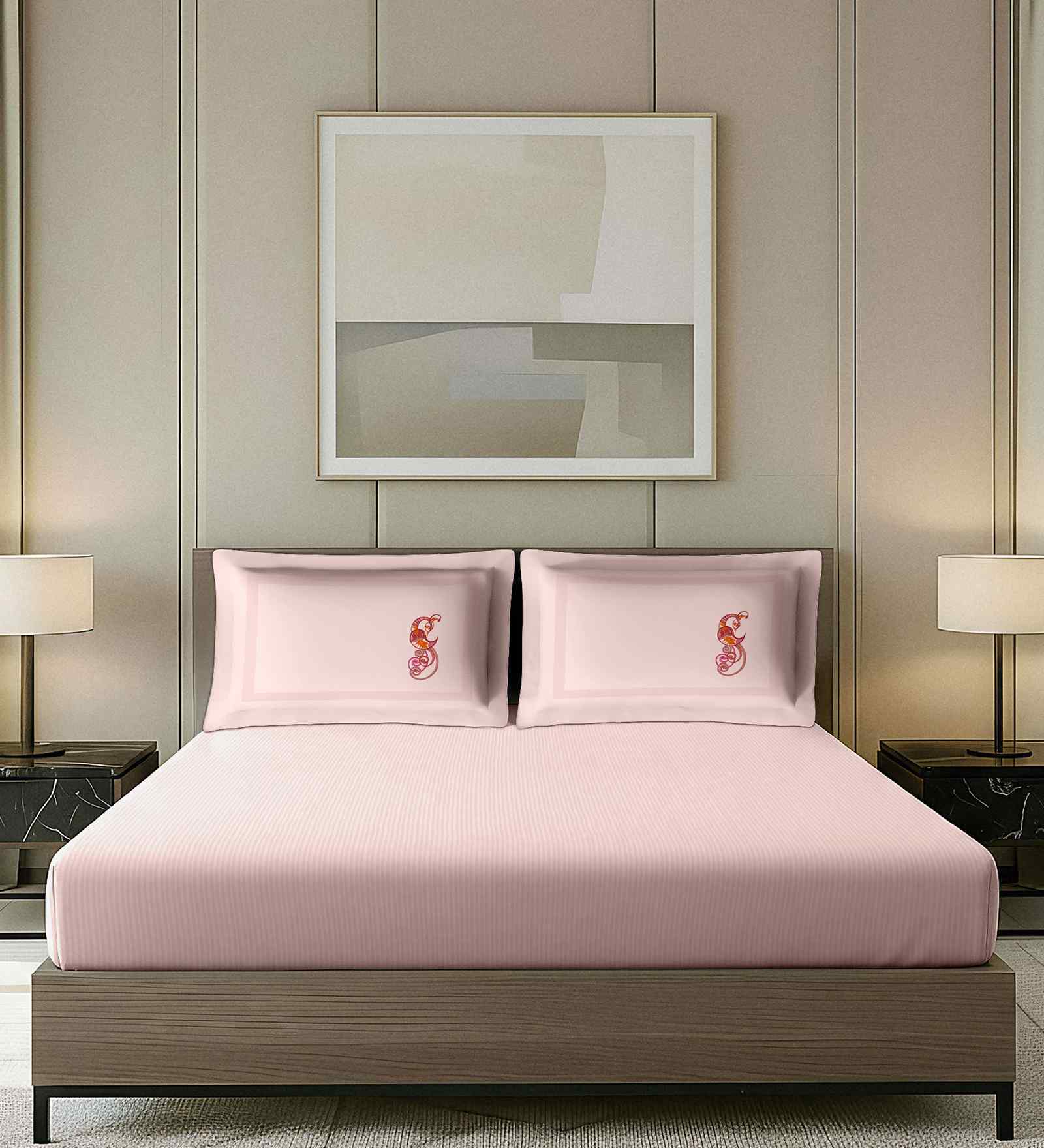 Pink Striped Bedsheet With Solid, Embroidery Pillows 800 TC Cotton King Double Bedsheet With 2 Pillow Covers