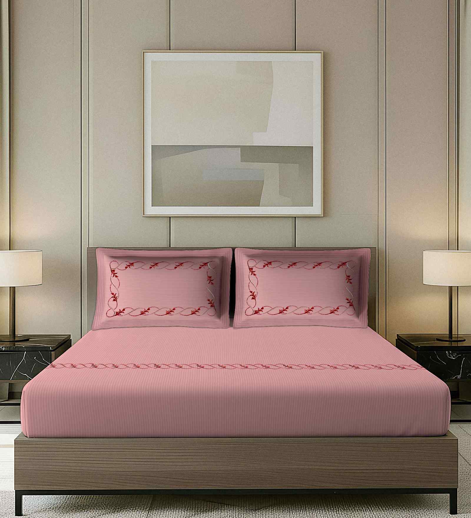 Pink Striped Pattern With Floral Embroidery 500 TC Cotton King Double Bedsheet With 2 Pillow Covers