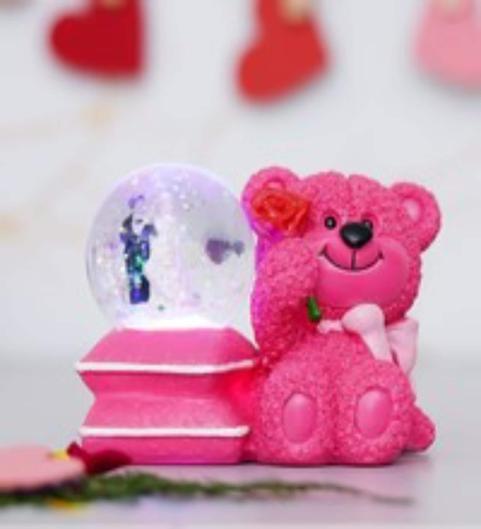Teddy Bear & Couple Snow Globe Pink Glass Showpice With Light