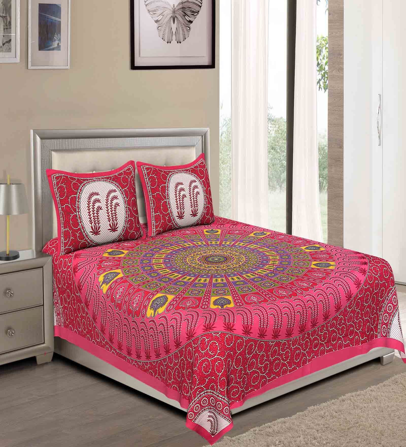 Pink Traditional 120 TC 100% Cotton Queen Bedsheet With 2 Pillow Covers