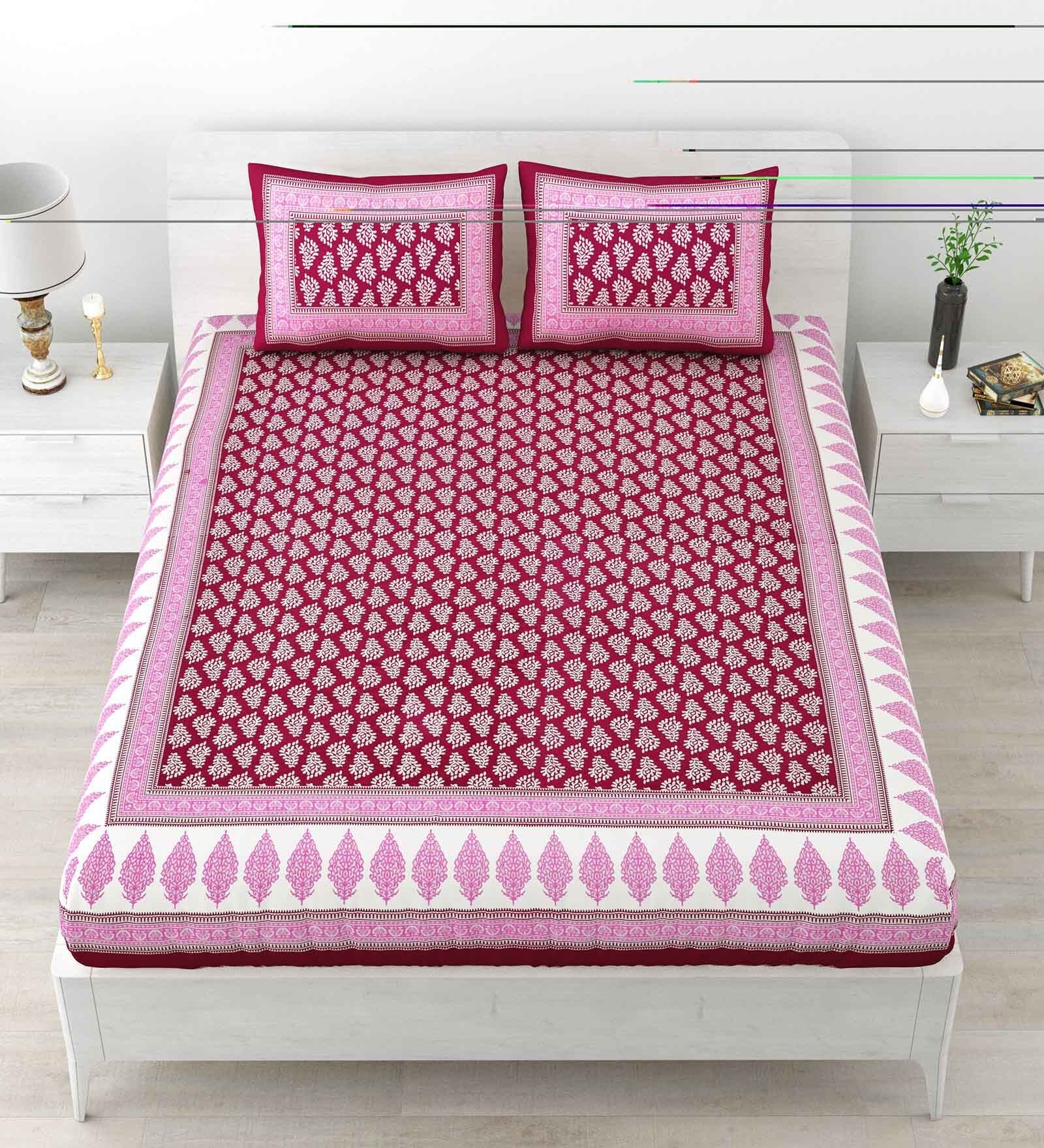 Pink Abstract 120 TC Cotton Queen Sized Bedsheet with 2 Pillow Cover