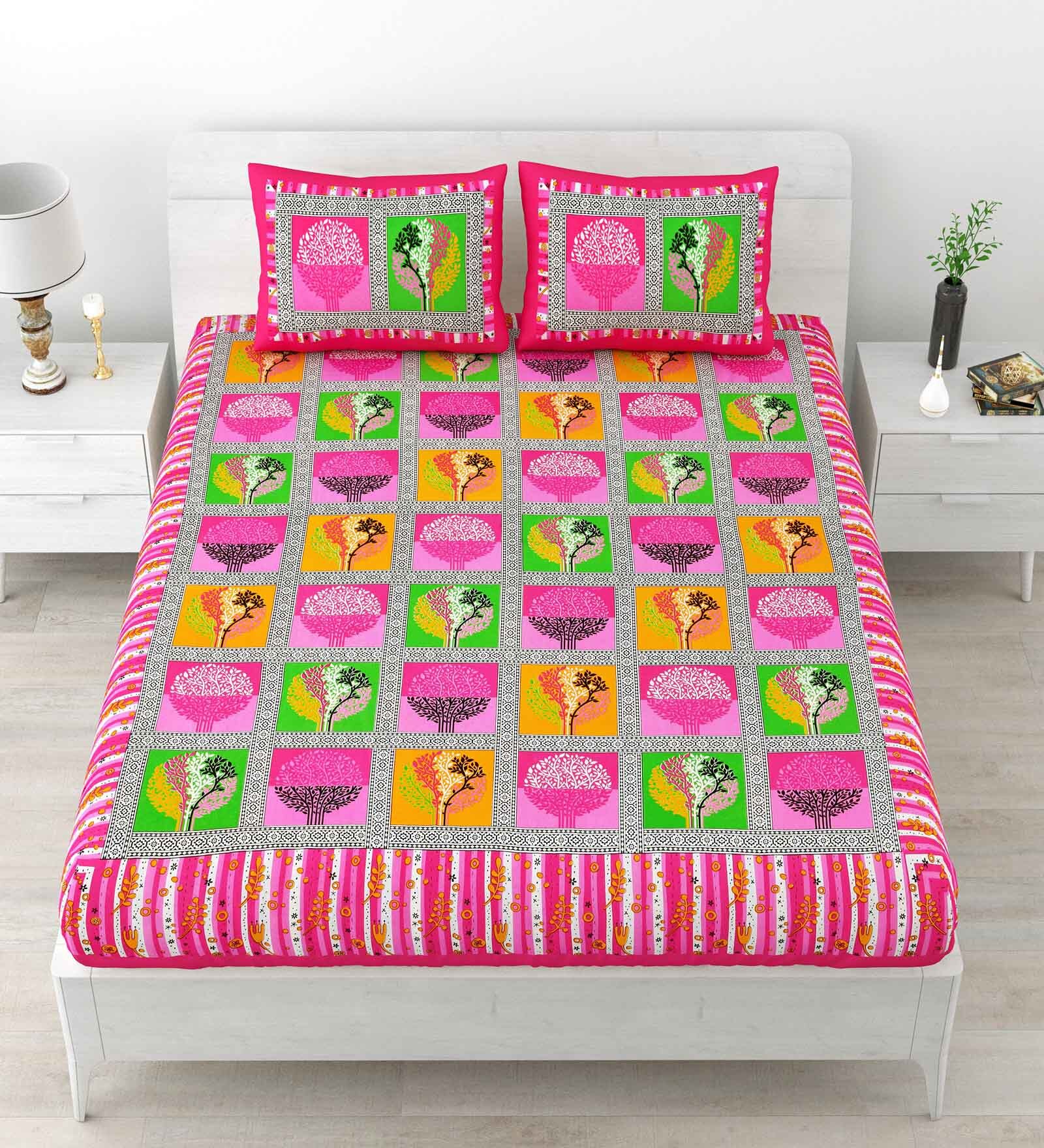Pink Abstract 120 TC Cotton Queen Sized Bedsheet with 2 Pillow Cover