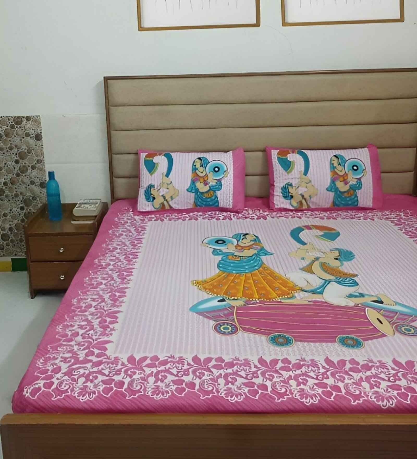 Pink Traditional 120 TC Cotton Double Bedsheet with 2 Pillow Covers