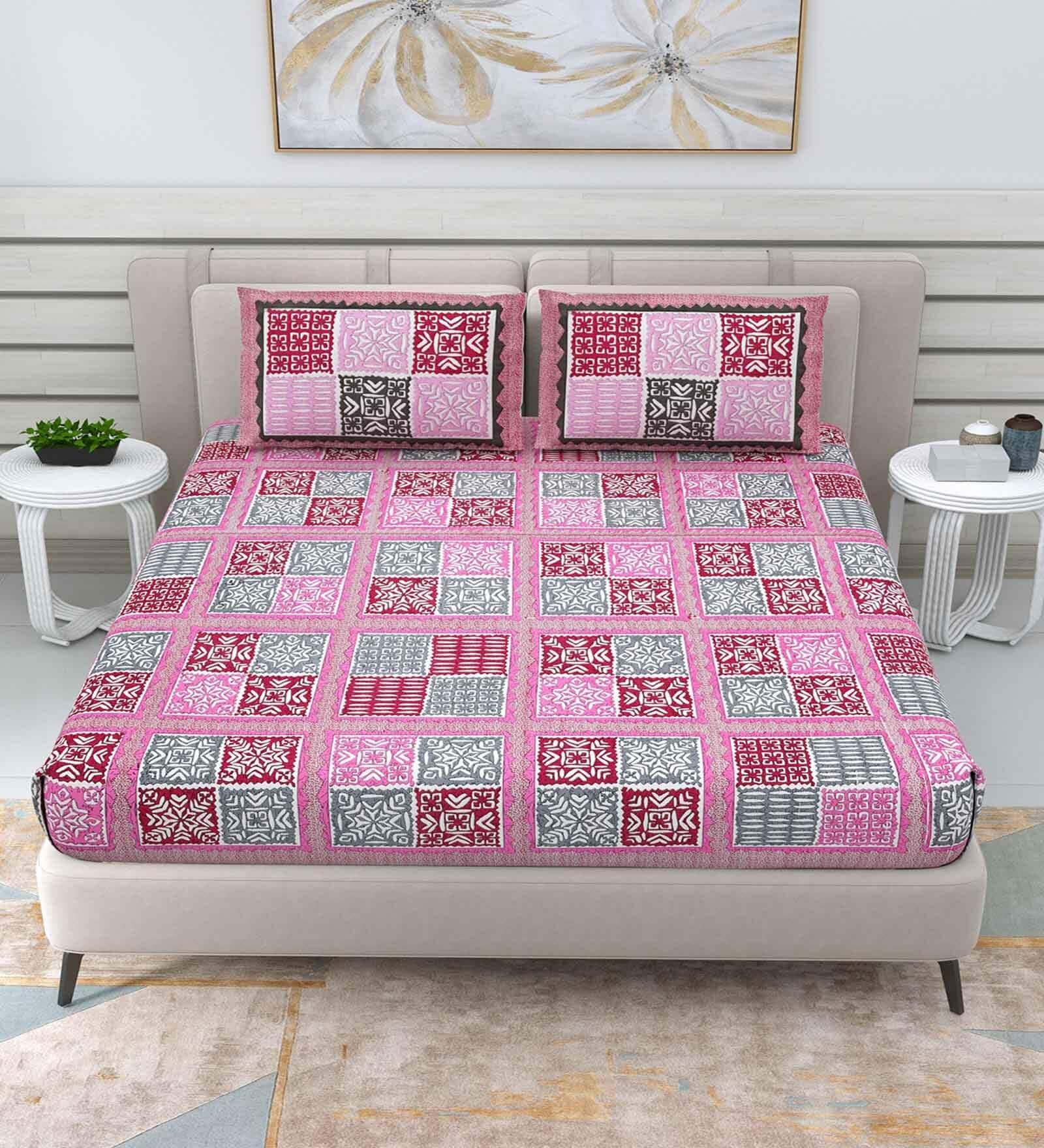 Buy Pink Traditional 144 Tc Cotton Double Queen Bedsheet With 2 Pillow