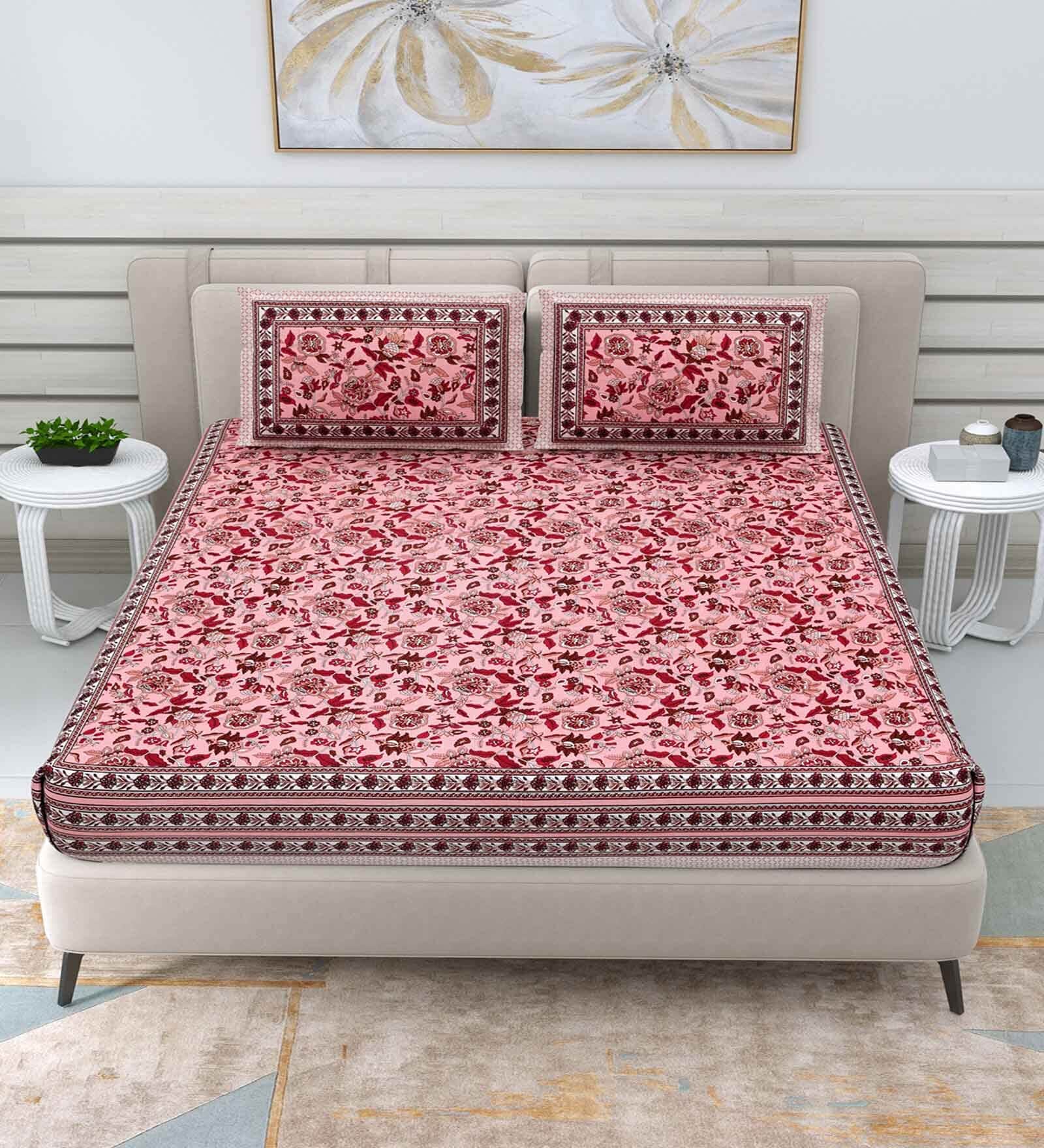 Pink Traditional 144 TC Cotton Double Queen Bedsheet With 2 Pillow Covers