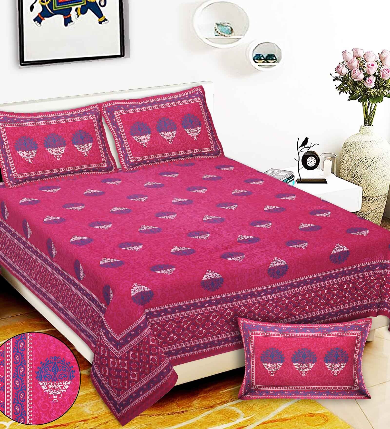 Buy Pink Abstract 200 TC Cotton Queen Sized Bed Sheets with 2 Pillow