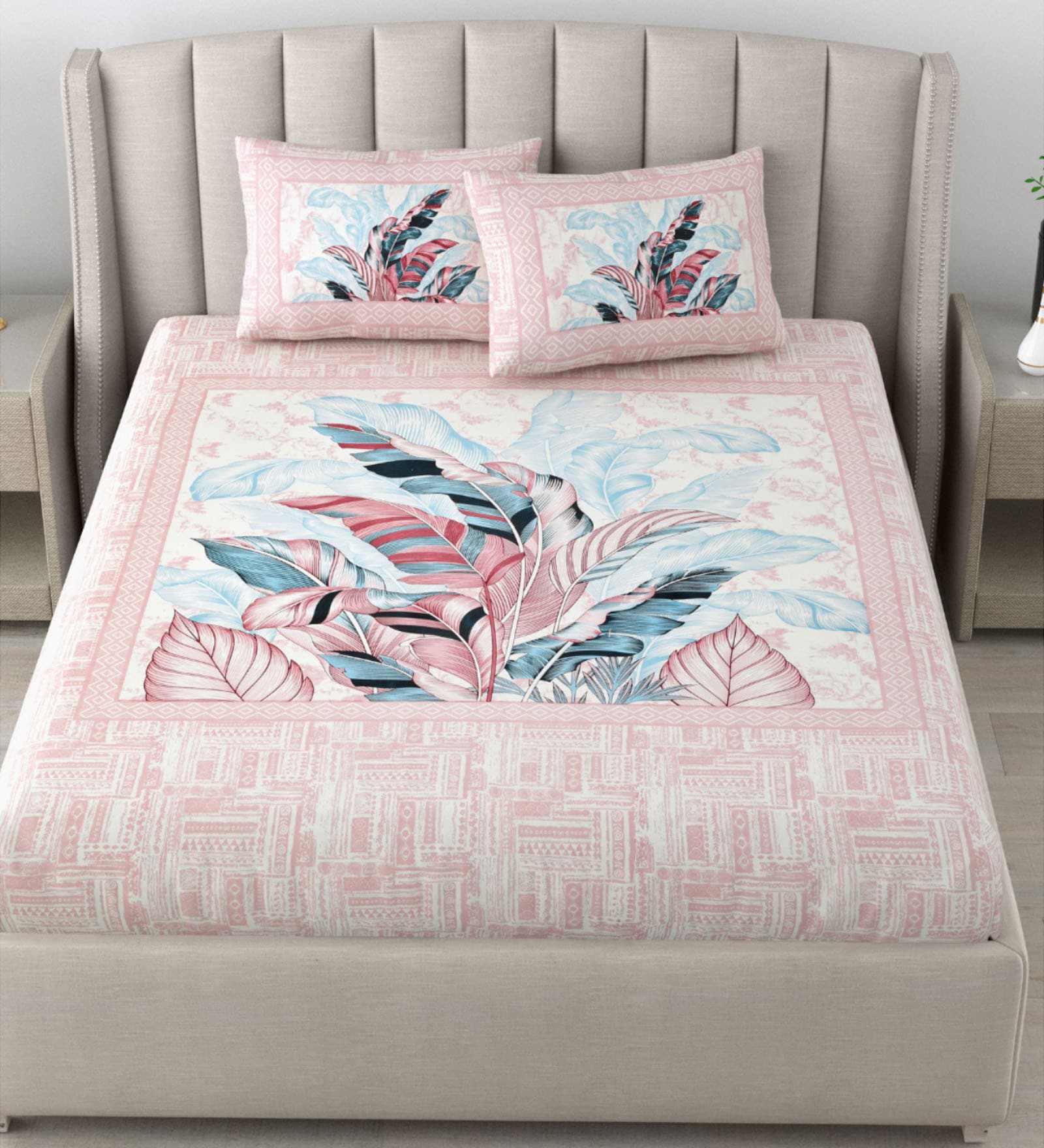 Pink Traditional 180 TC Cotton Printed Bedsheet With Two Pillow Covers For Queen Bed (Leaf Printed ,Pink ,153 GSM)
