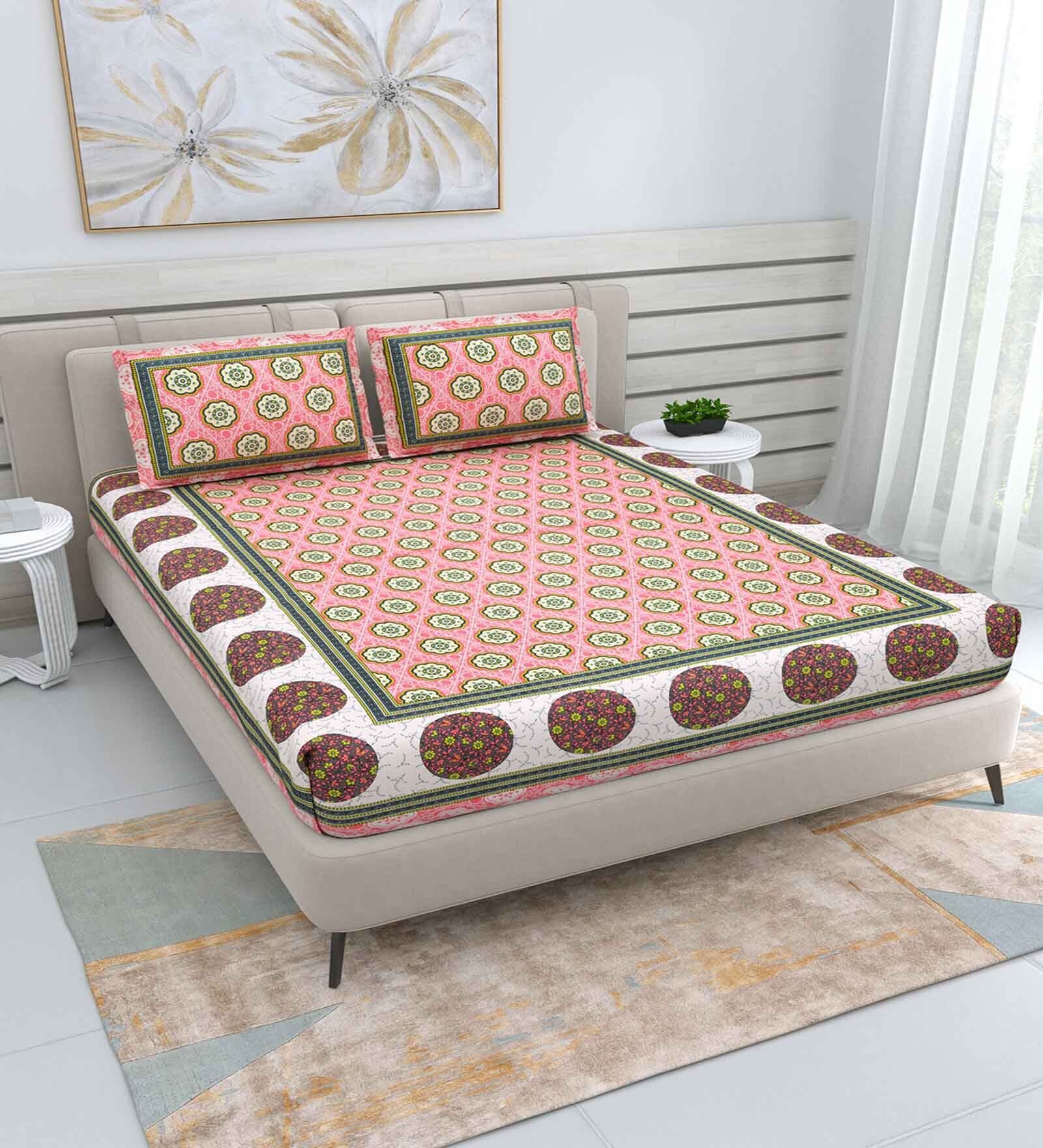 Pink Traditional 220 TC Cotton  Double Queen Bedsheet with 2 Pillow Covers