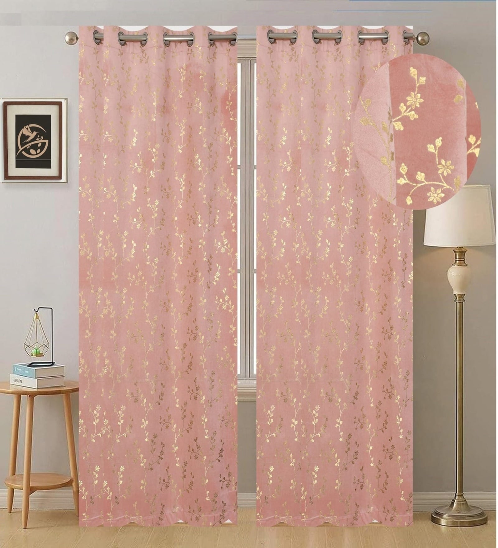 Pink Velvet Floral 7 Foot Ring Top Door Curtain
