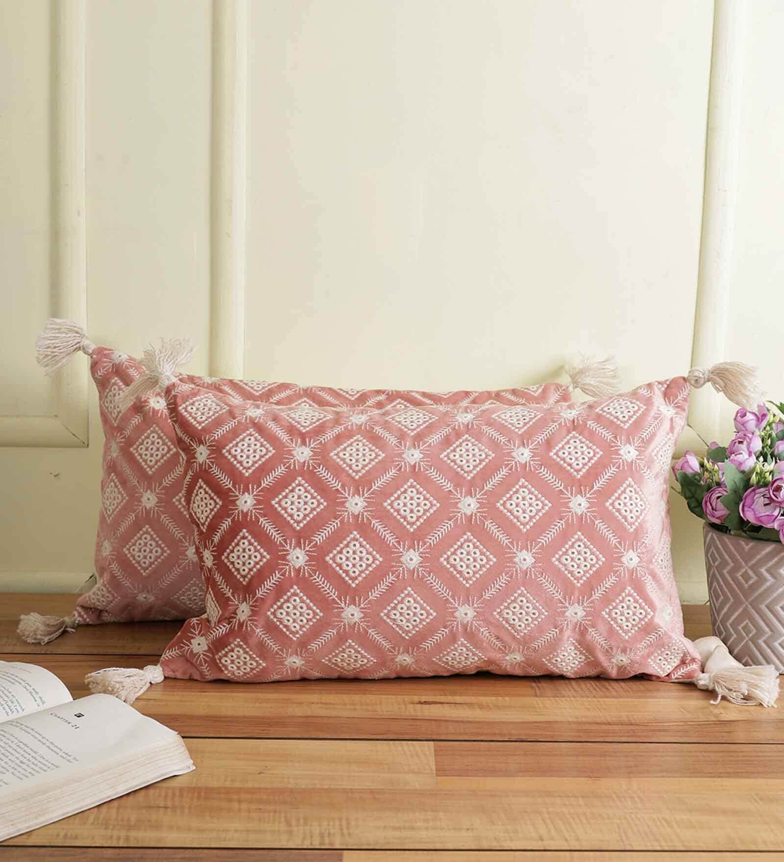 Pink Velvet Textured 12x20 inches Cushion Covers (Pack of 2)