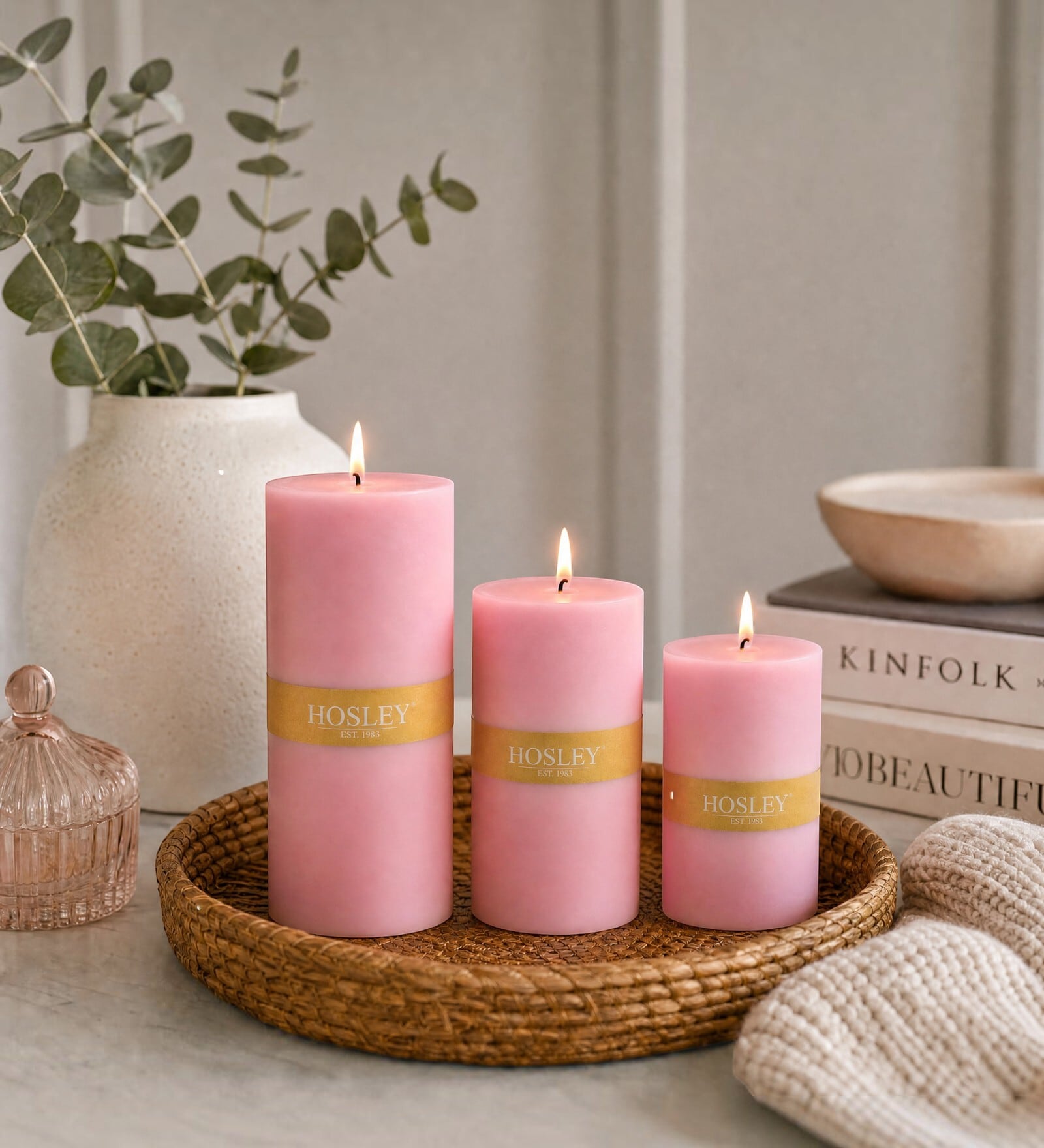 Pink Wax Pillar Candles Set Of 3