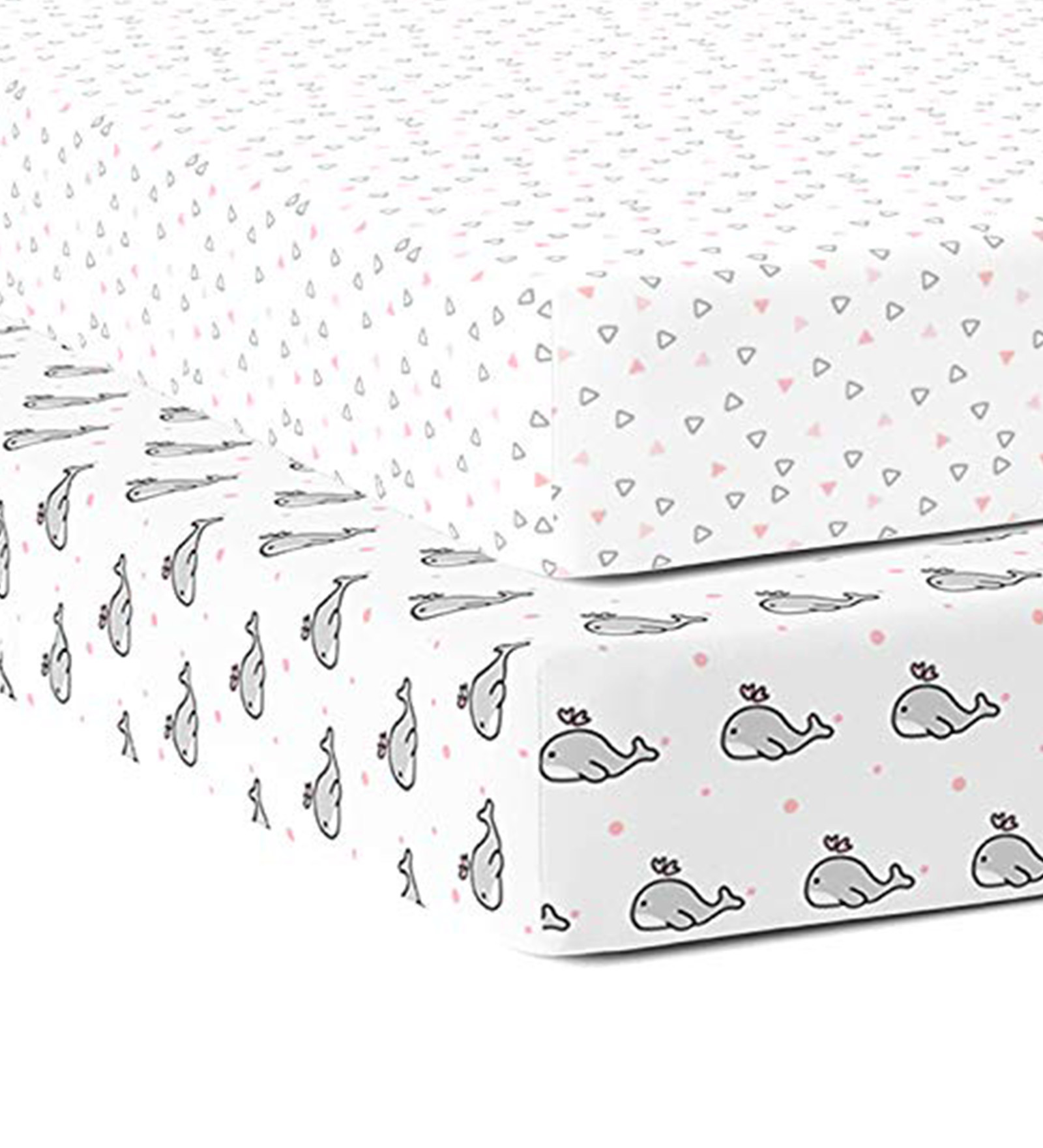 Pink Whale & Triangle 52 x 28 in Organic Cotton Fitted Crib Sheet, Set of 2