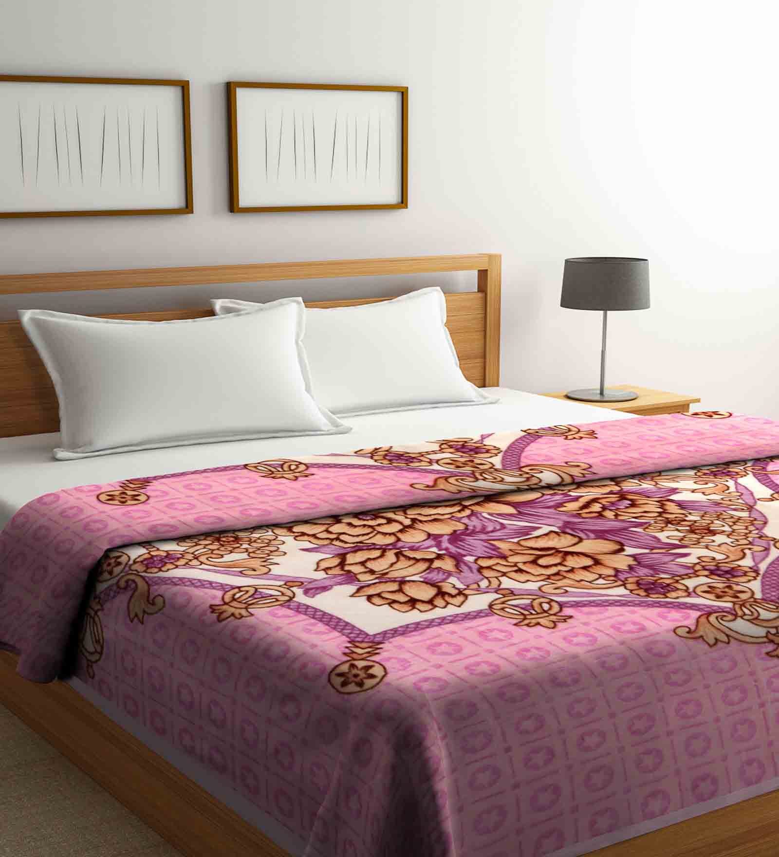 Pink Floral Wool 800 GSM Double Bed Blanket