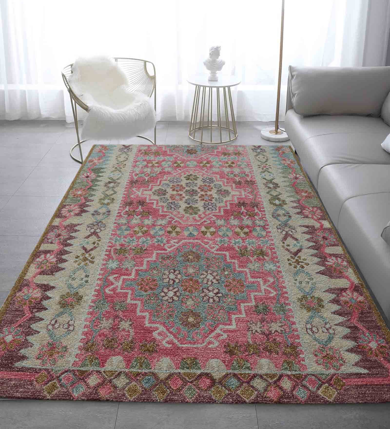 Buy Pink Persian Wool 5 ft x 7 ft Hand Tufted Carpet by CARPET IMPEX at