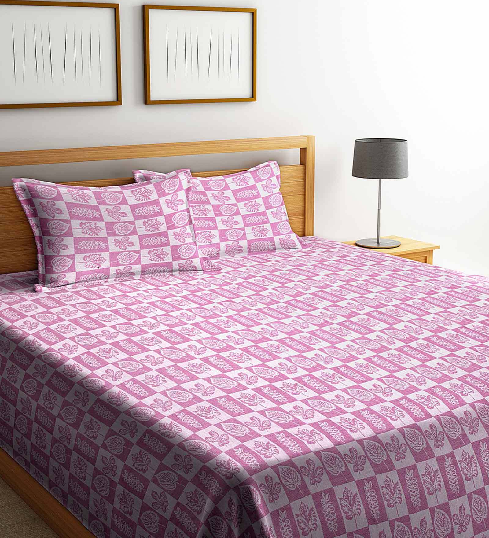 Buy Pink Woven Design Double Bed Cover With 2 Pillow Covers by Klotthe