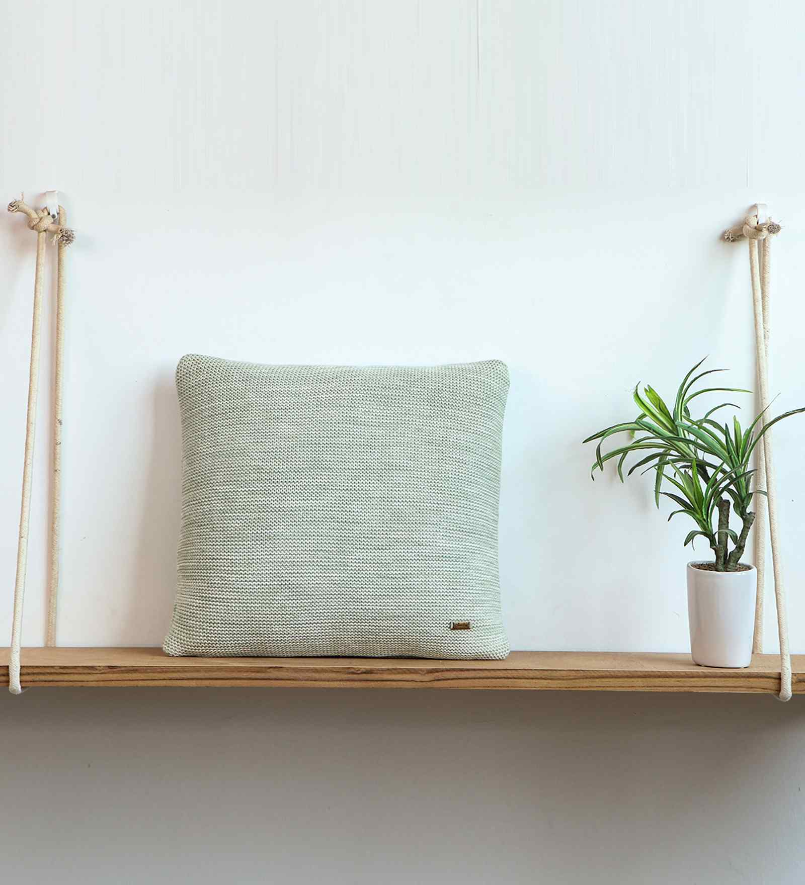 Pistachio Green & Natural 100% Cotton Moss 16X16 Inches Knitted Cushion Cover