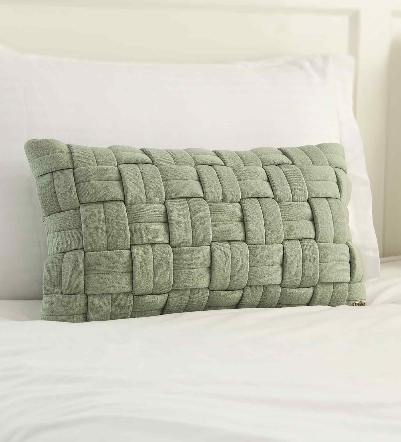 Pistachio Green 100% Cotton 12X20 Inches Knitted Cushion Cover With Filler
