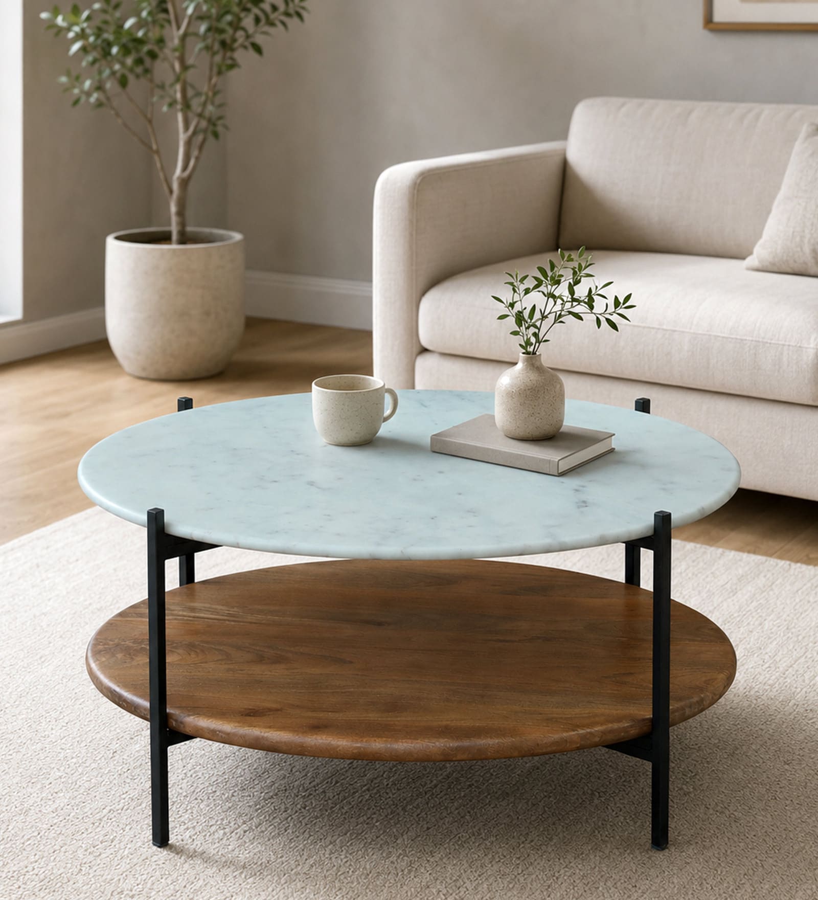 Pistoia Round Coffee Table in Tubbaq Finish With Marble Top Pistoia Round Coffee Table in Tubbaq Finish With Marble Top