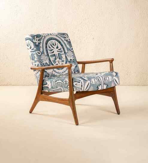 Pi Teak Wood Arm Chair in Printed Blue Fabric