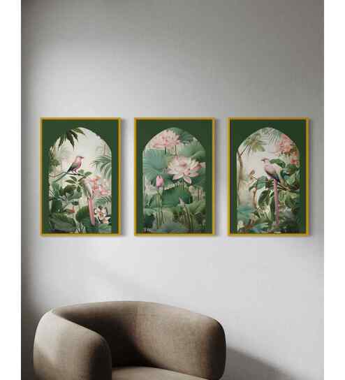 Pichwai Jungle Trio Floral Canvas Set of 3 Art Panels
