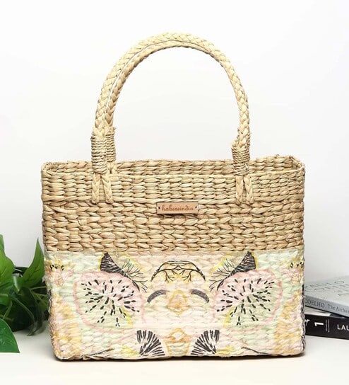 Picnic Baskets | Lunch Basket | Cane or Jute Basket | Cane Basket for Gifting | Rectangular Seagrass Tote Bag - Beige Floral (L33 x B10 x H24 CM)