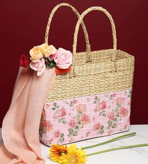 Picnic Baskets | Lunch Basket | Cane or Jute Basket | Cane Basket for Gifting | Tote Bag | Seagrass Rectangular Shopping Basket (Multi Color 7)
