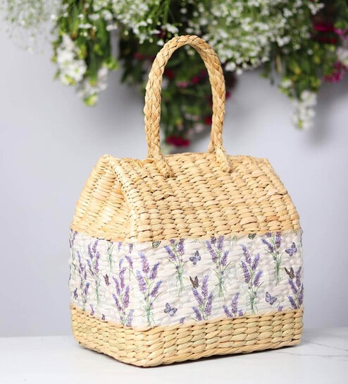 Picnic Baskets | Lunch Basket | Cane or Jute Basket | Cane Basket for Gifting | Wicker Baskets | Seagrass Rectangular Tiffin Basket - Beige(Design 08)