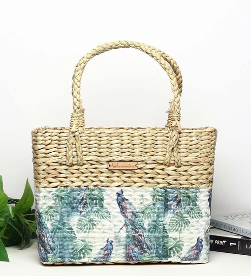 Picnic Baskets | Lunch Basket | Cane Or Jute Basket | Cane Basket For Gifting | Wicker Baskets (Peacock Floral), Rectangular (L33xB10xH24 cm)
