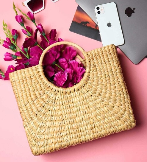 Picnic Baskets | Lunch Basket | Jute Basket | Cane Baskets for Gifting | Wicker Shopping Bag (Beige Round Cane Handle)
